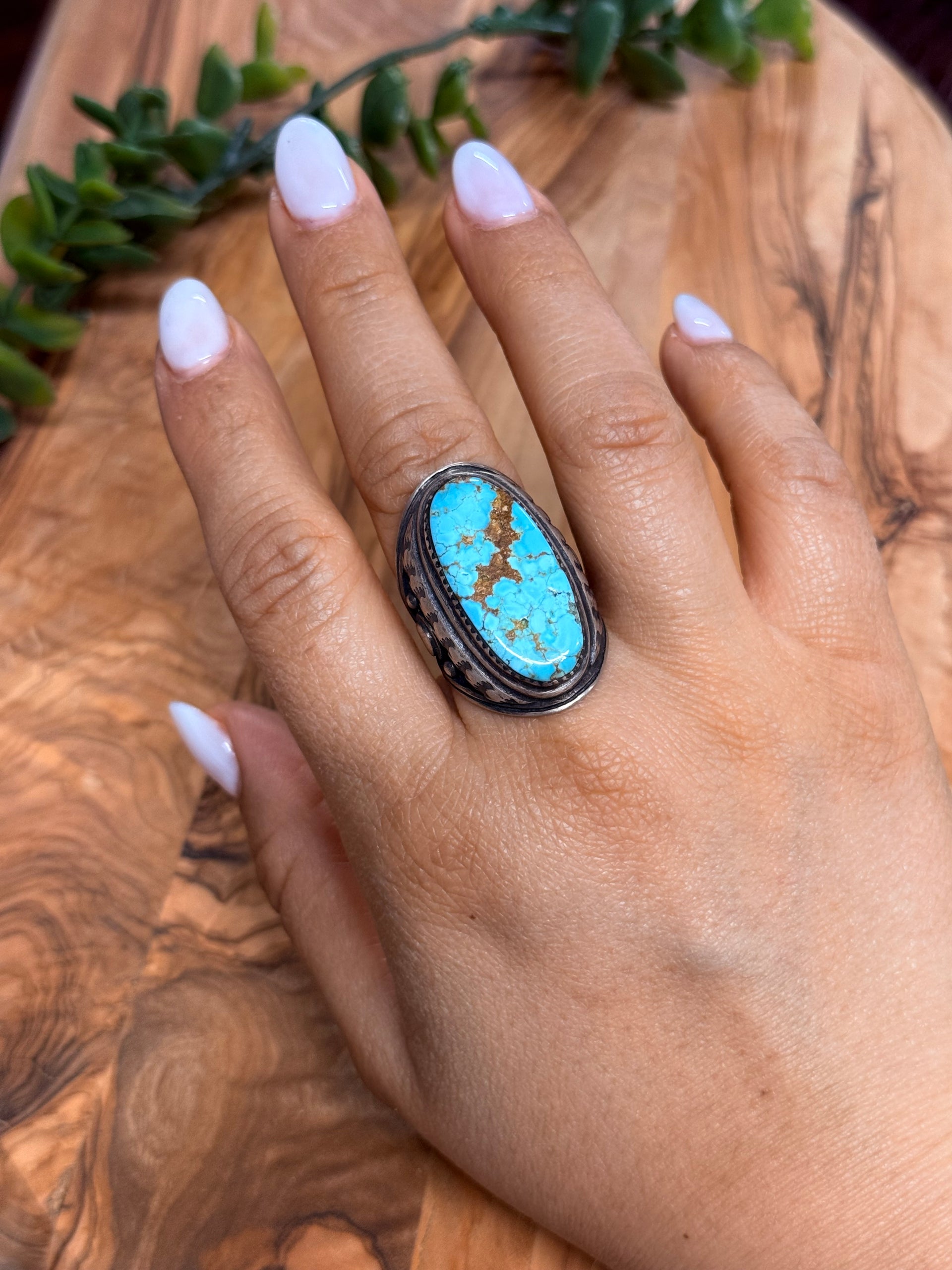 Southwest Handmade #8 Turquoise & Sterling Silver Ring Size 10