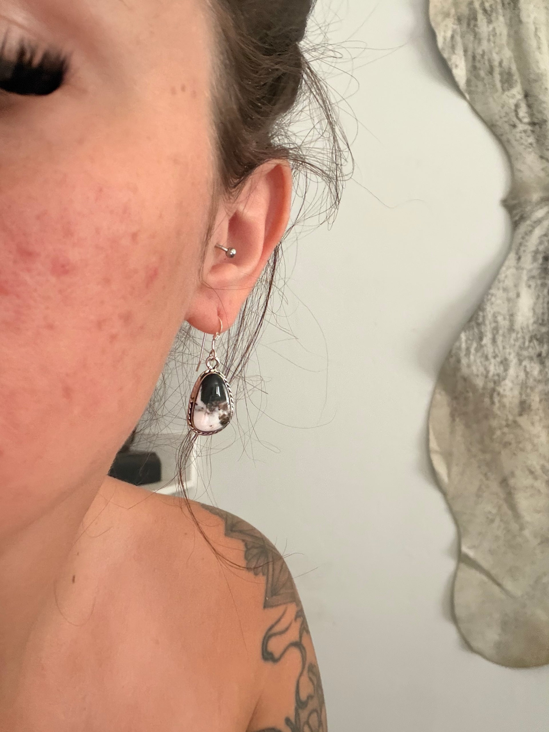 Navajo Made White Buffalo & Sterling Silver Dangle Earrings