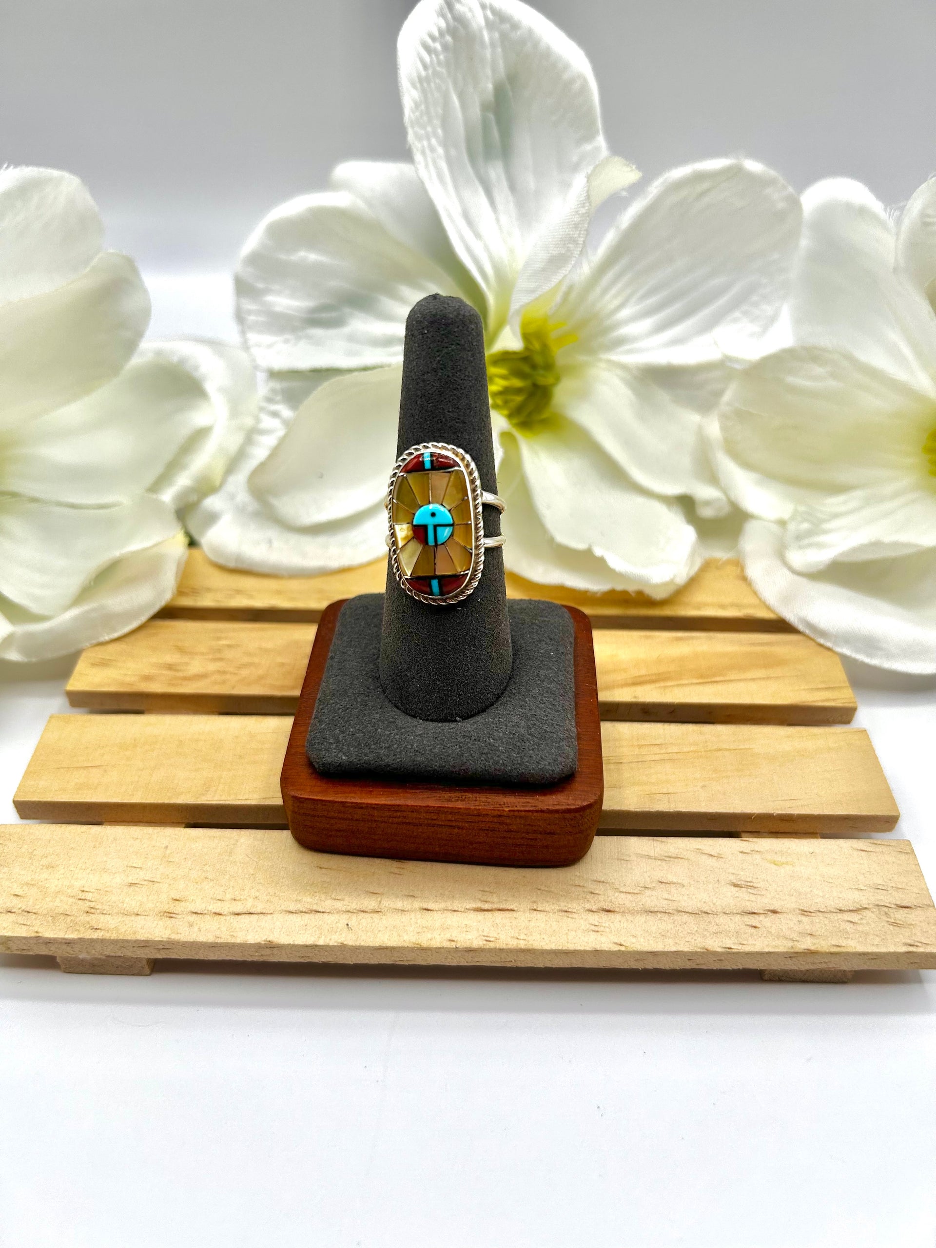 Zuni Made Multi Stone & Sterling Silver Ring Size 8.5