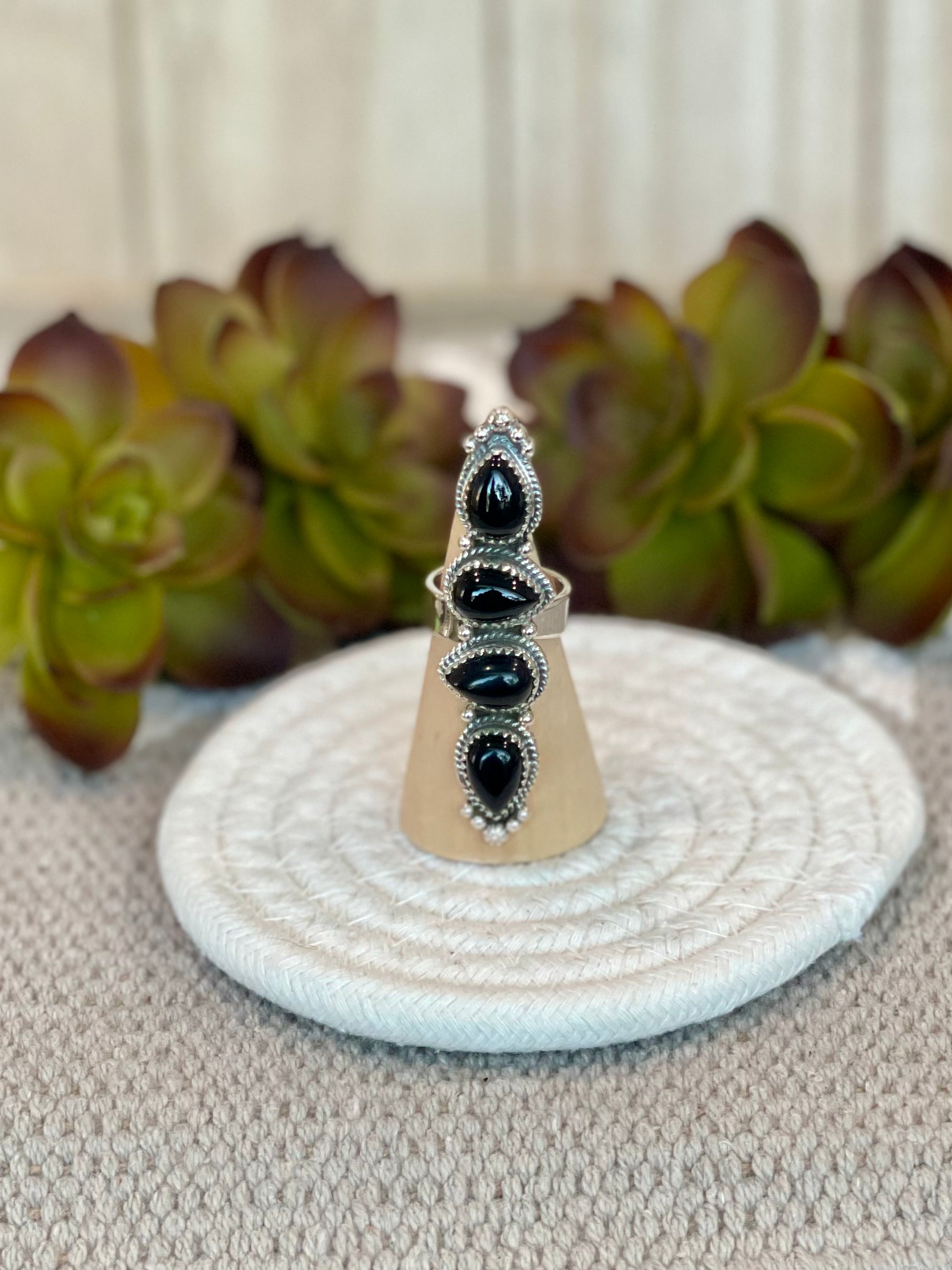 Southwest Handmade Black Onyx & Sterling Silver Adjustable 4 Stone Ring