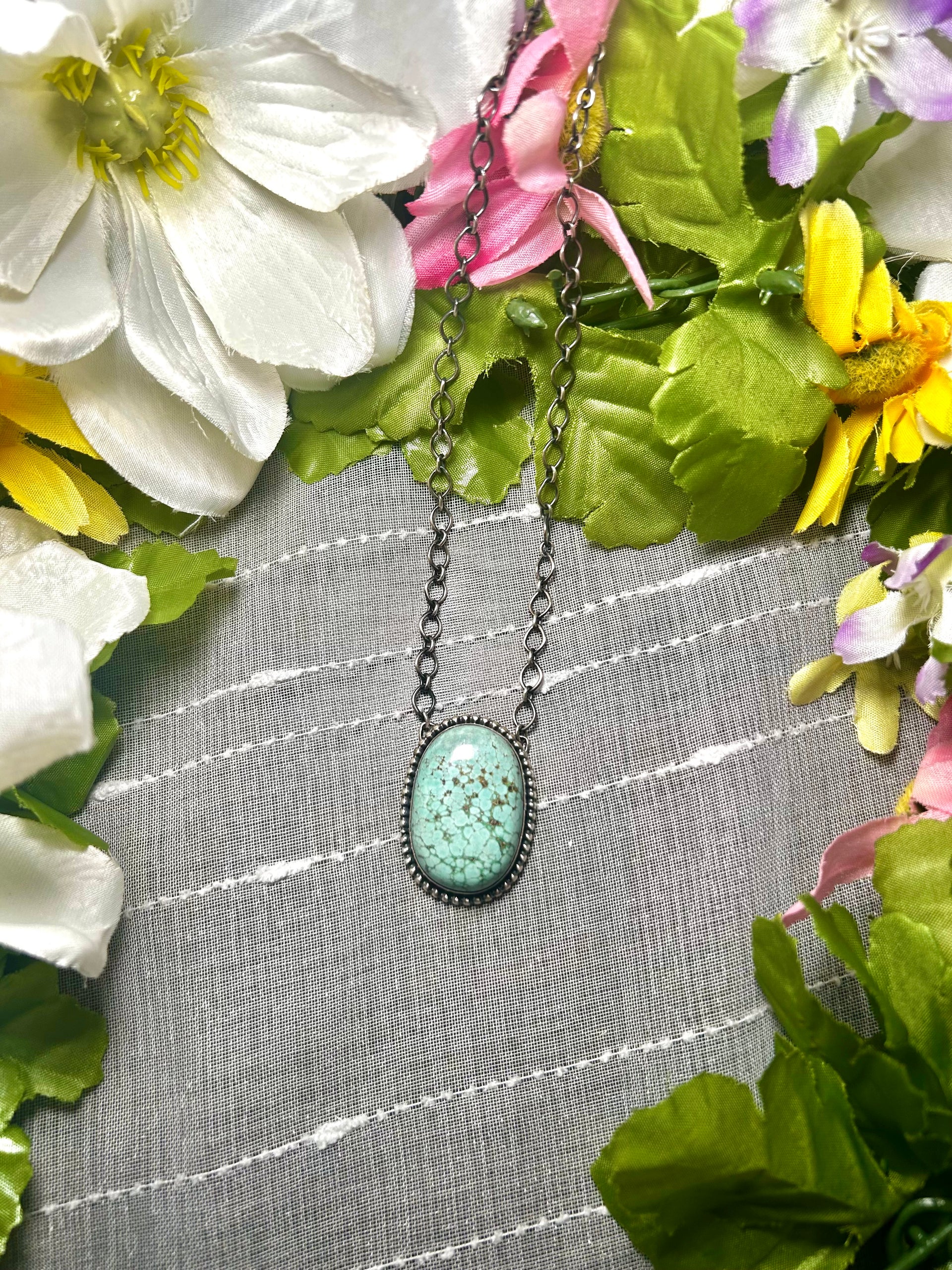 Navajo Made Pilot Mountain Turquoise & Sterling Silver Necklace