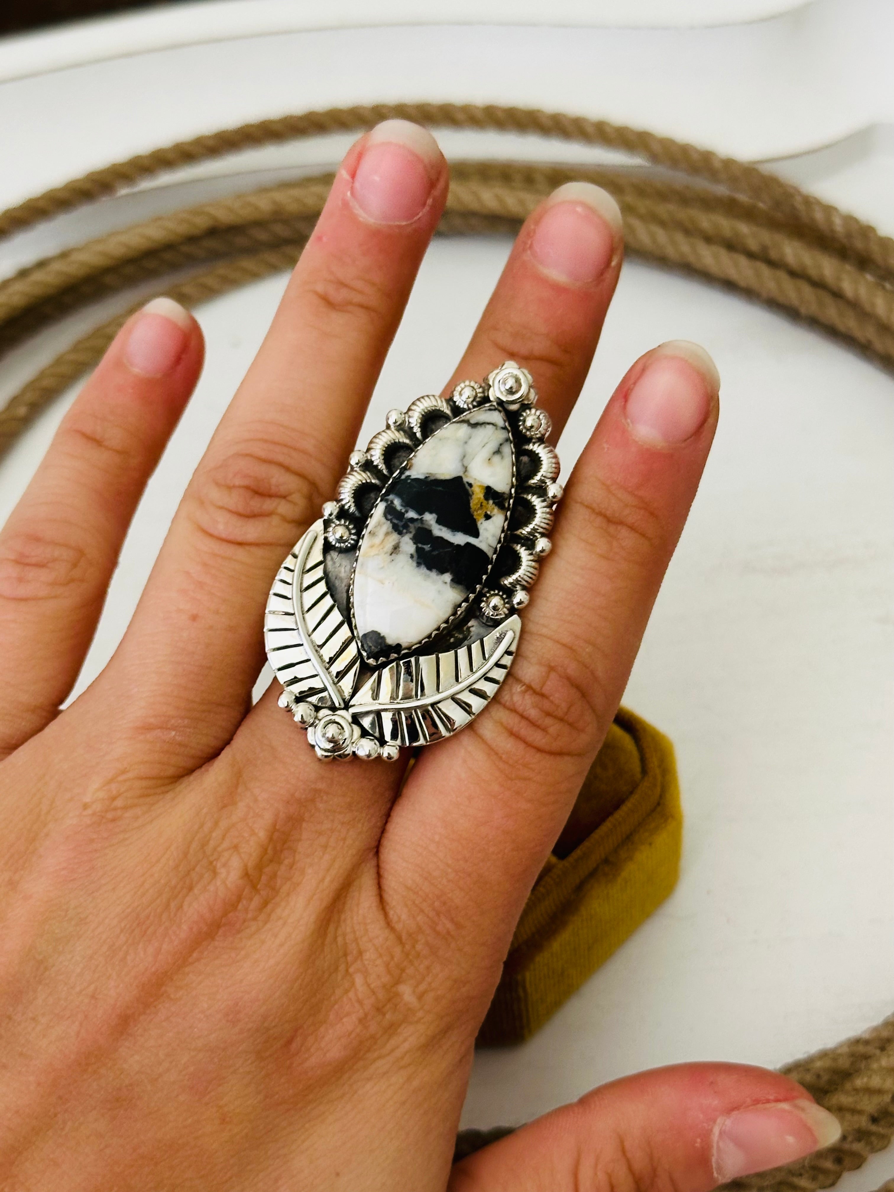 Southwest Handmade White Buffalo & Sterling Silver Adjustable Ring