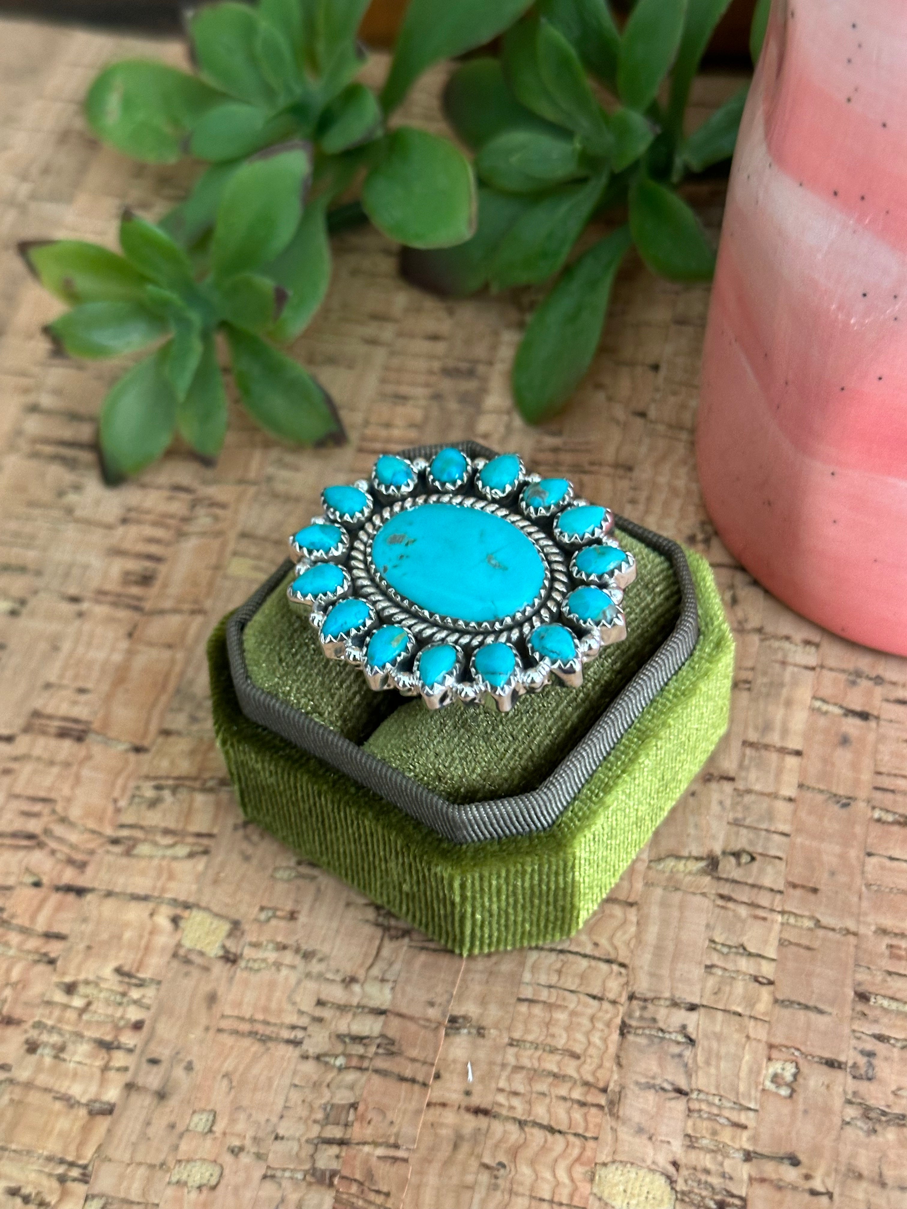 Southwest Handmade Kingman Turquoise & Sterling Silver Adjustable Cluster Ring