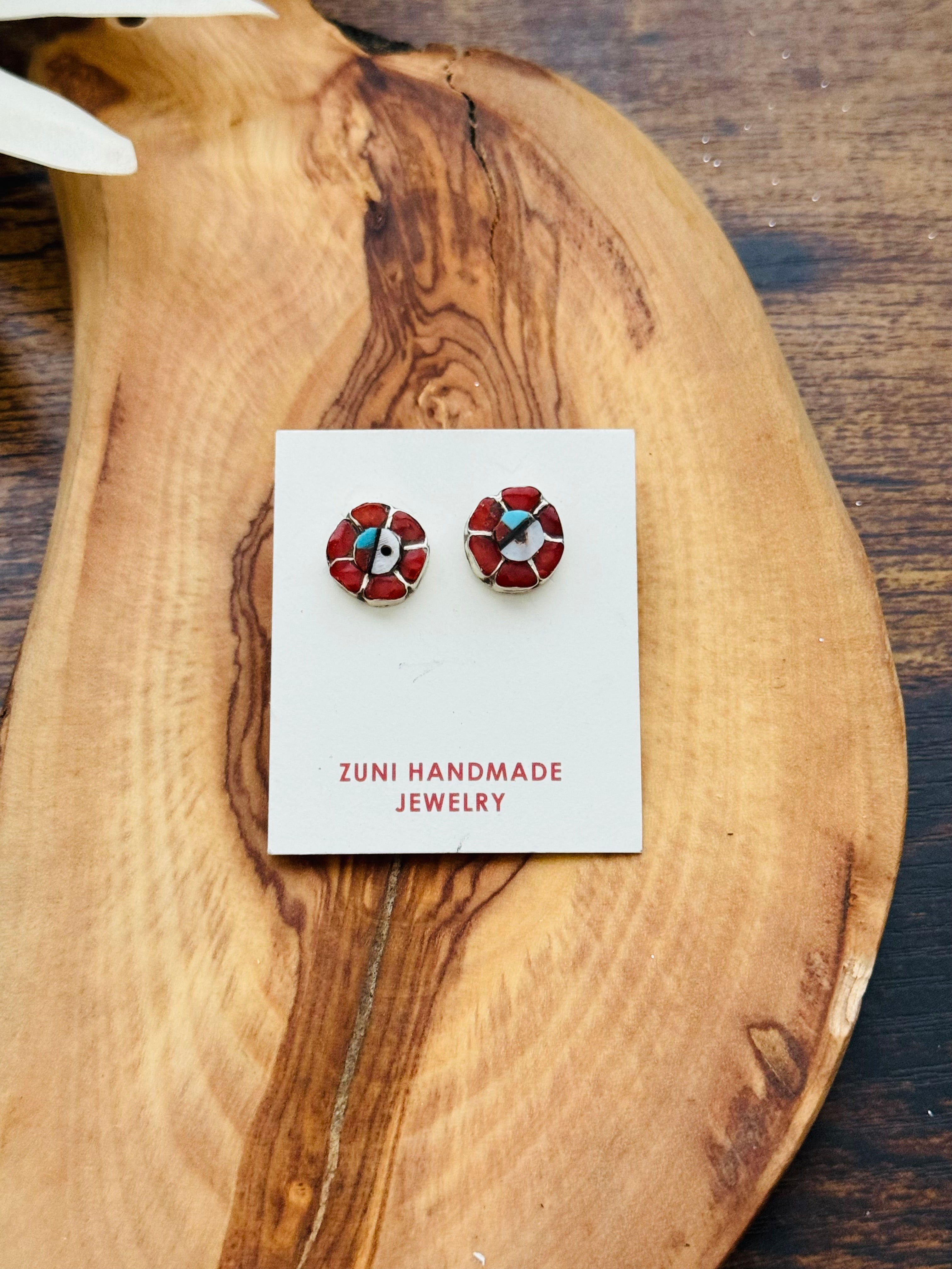 Zuni Made Multi Stone & Sterling Silver Inlay Post Sunface Earrings