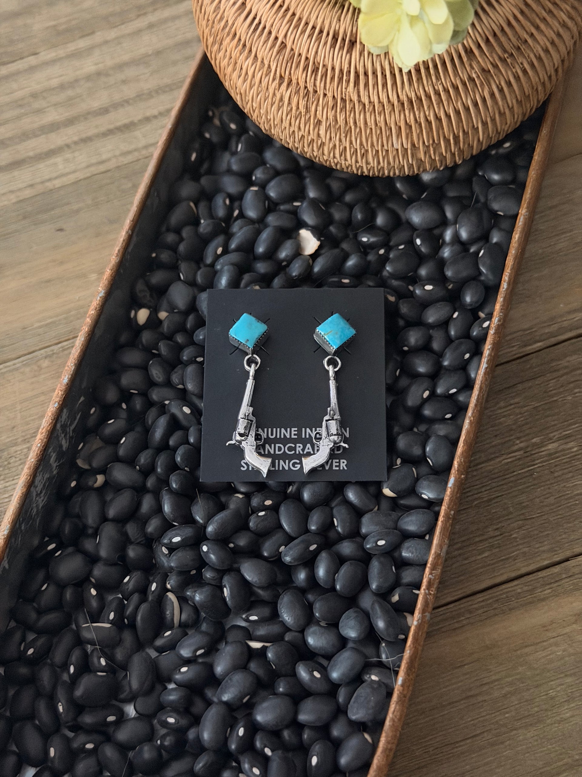 Navajo Made Kingman Turquoise & Sterling Silver Post Dangle Pistol Earrings