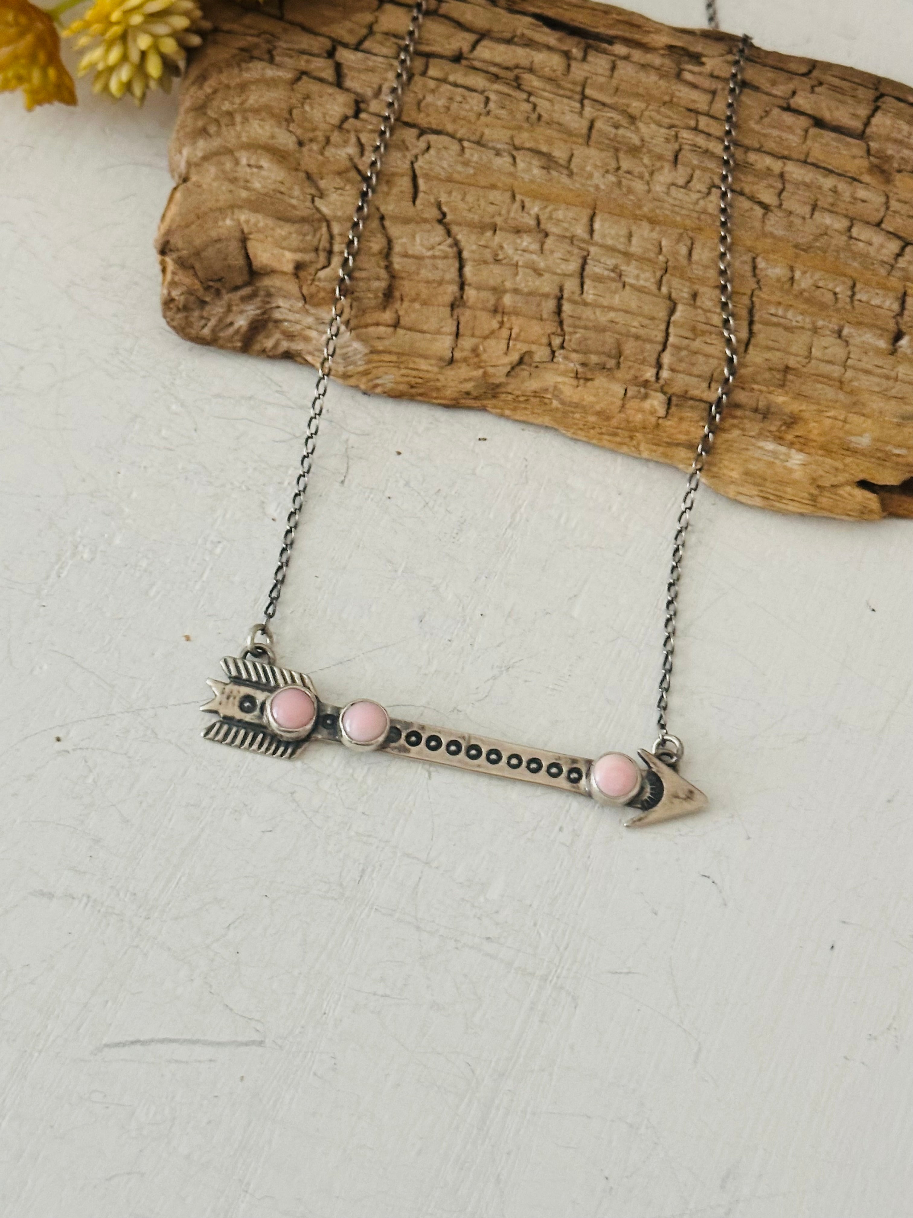 Navajo Made Pink Conch & Sterling Silver Arrow Necklace