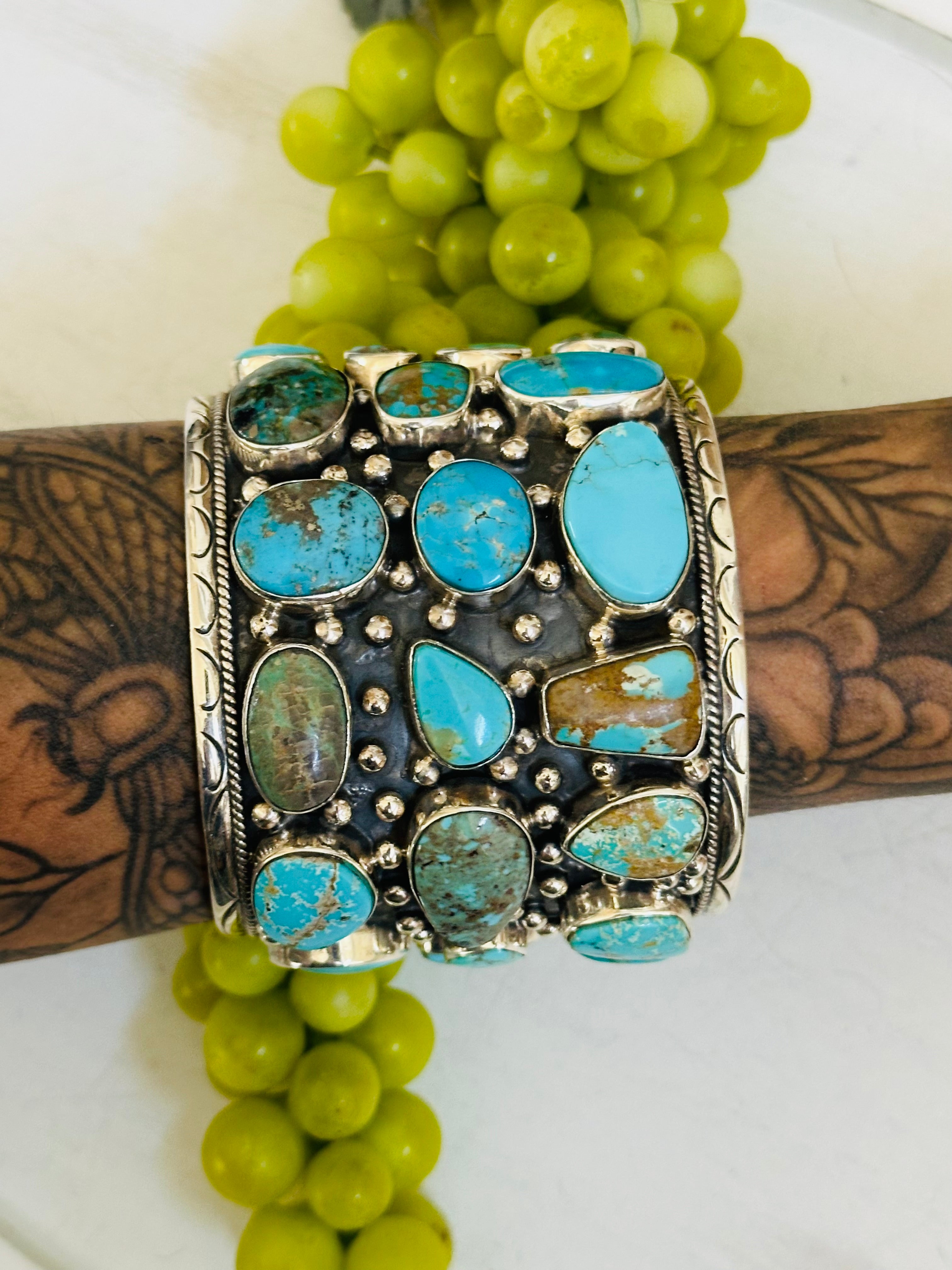 Ted Vacit Kingman Turquoise & Sterling Silver Cluster Cuff Bracelet