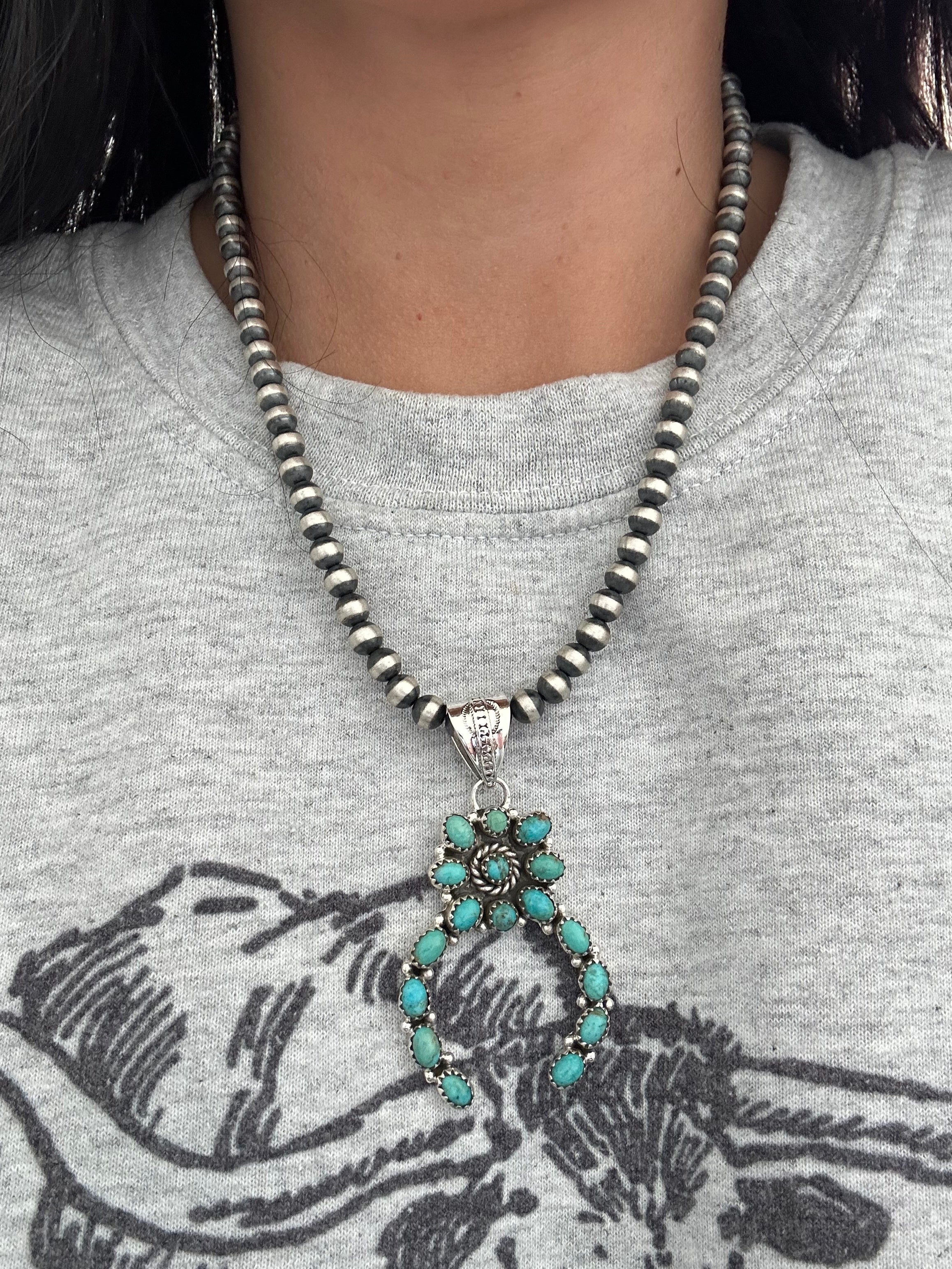 Southwest Handmade Kingman Turquoise & Sterling Silver Cluster Naja Pendant