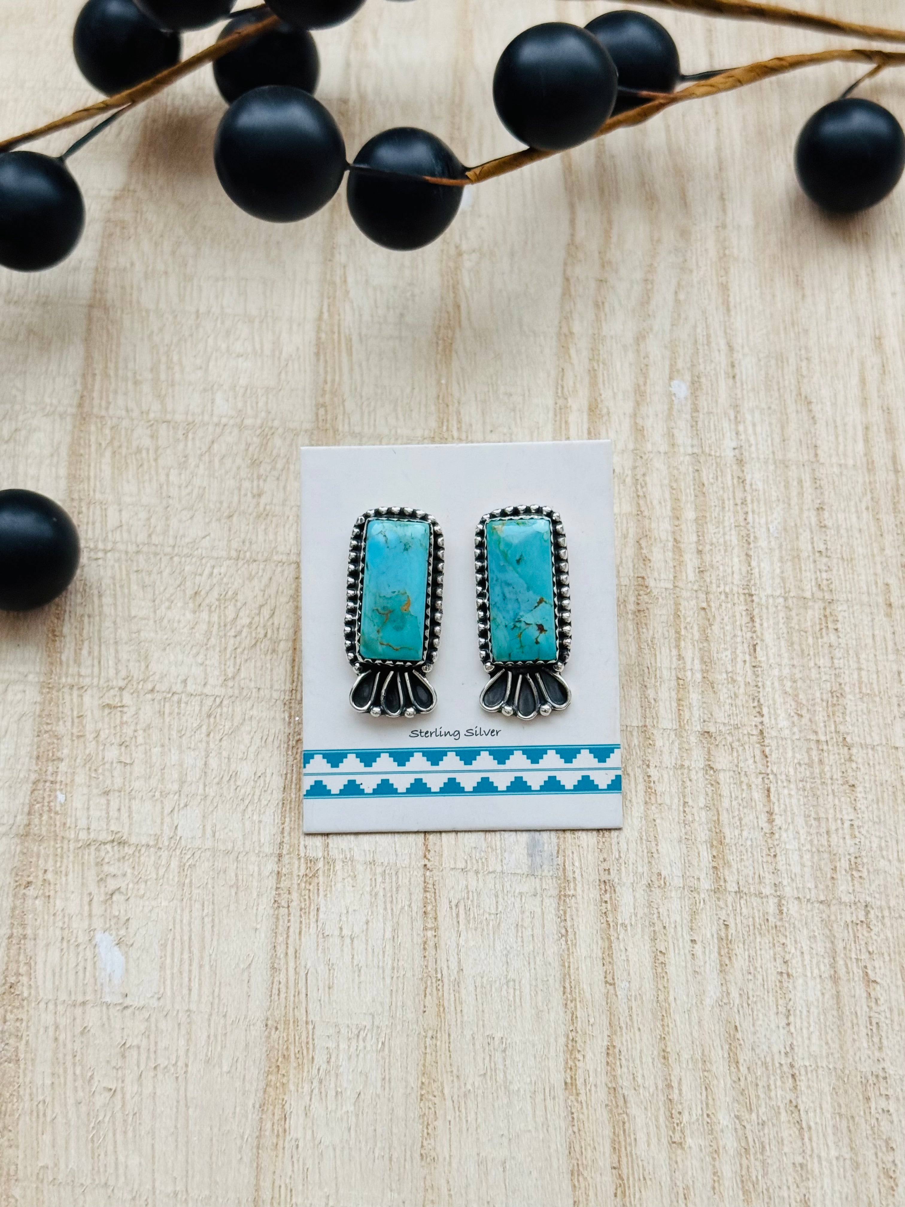 Southwest Handmade #8 Turquoise & Sterling Silver Post Bar Earrings