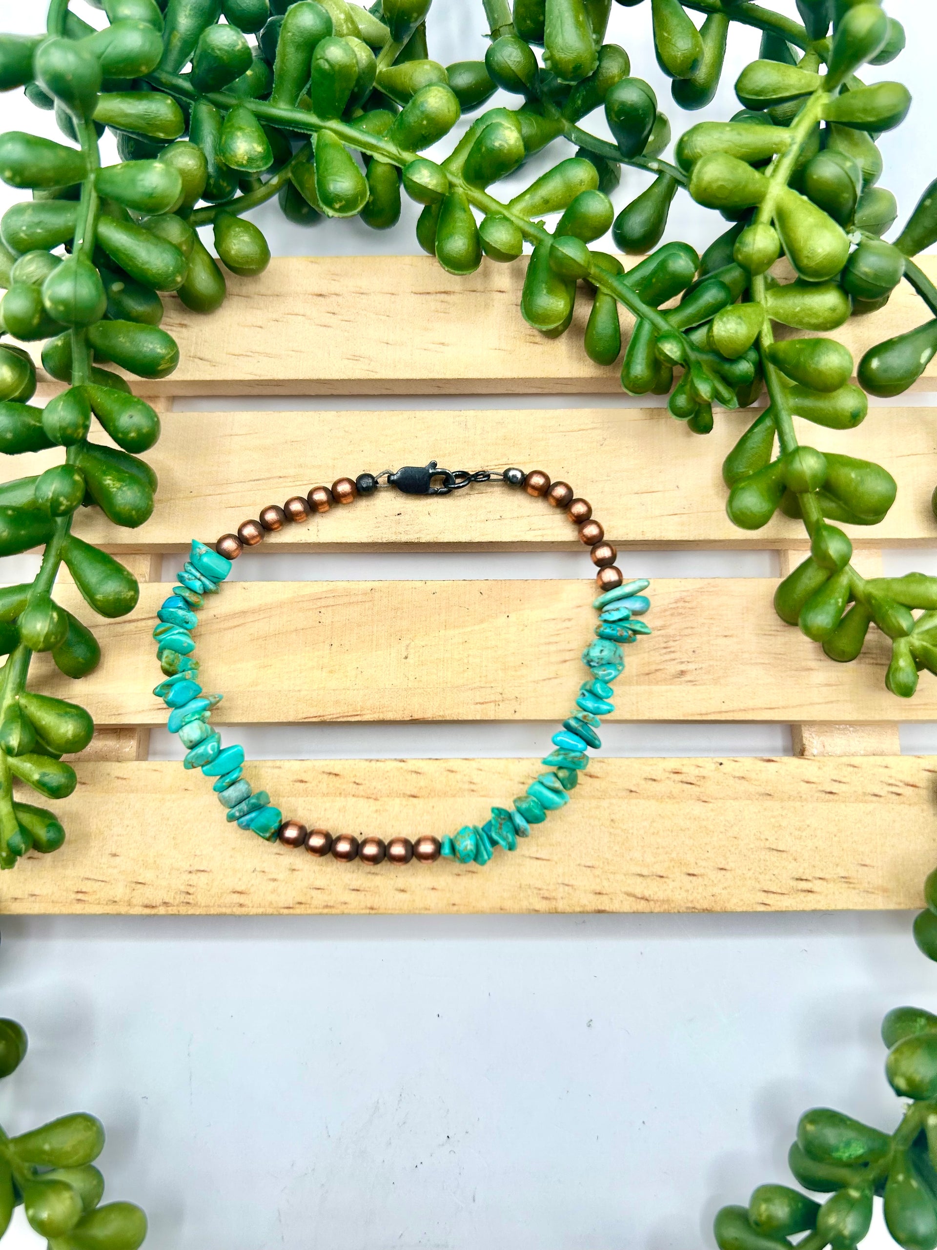 Navajo Made Strung Kingman Turquoise & Copper Link Bracelet