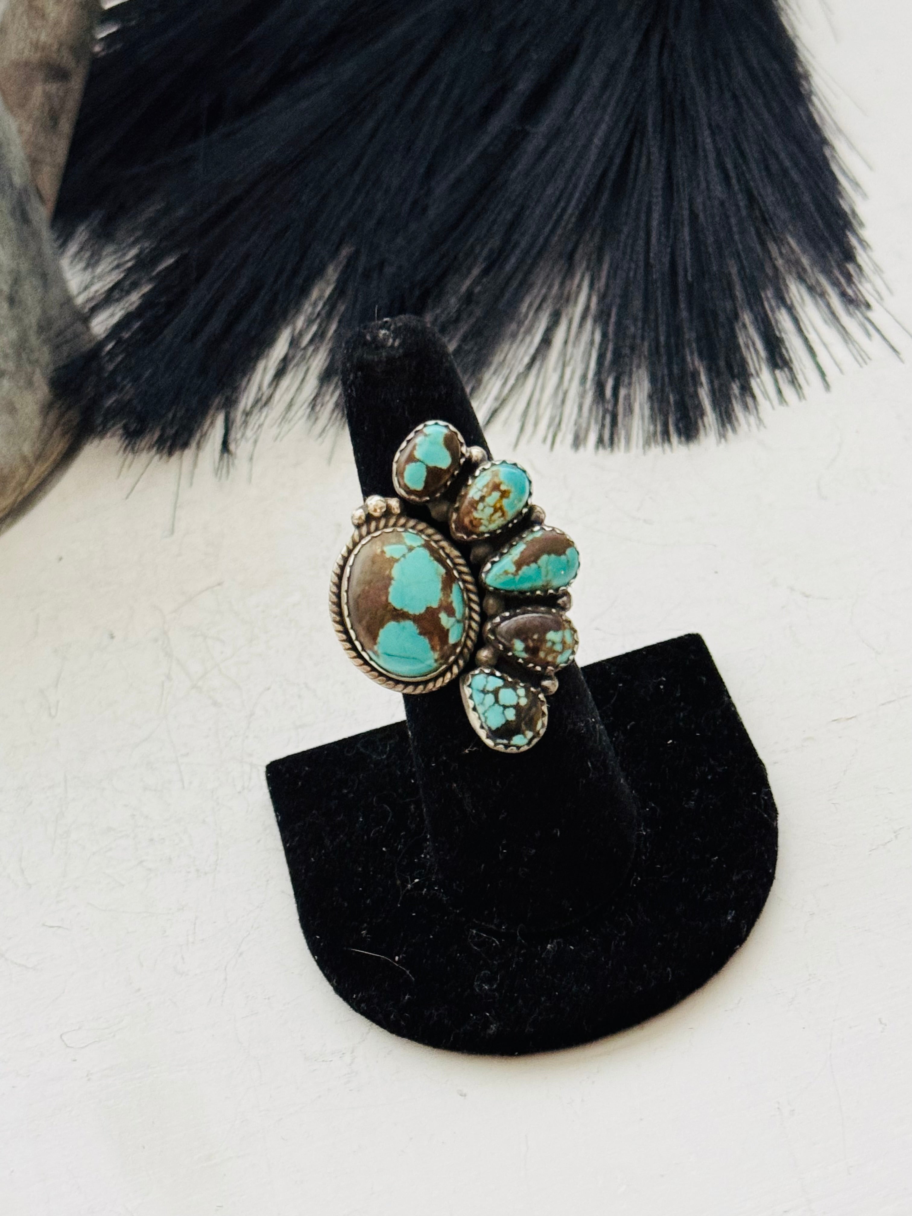 Southwest Handmade #8 Turquoise & Sterling Silver Adjustable Cluster Ring