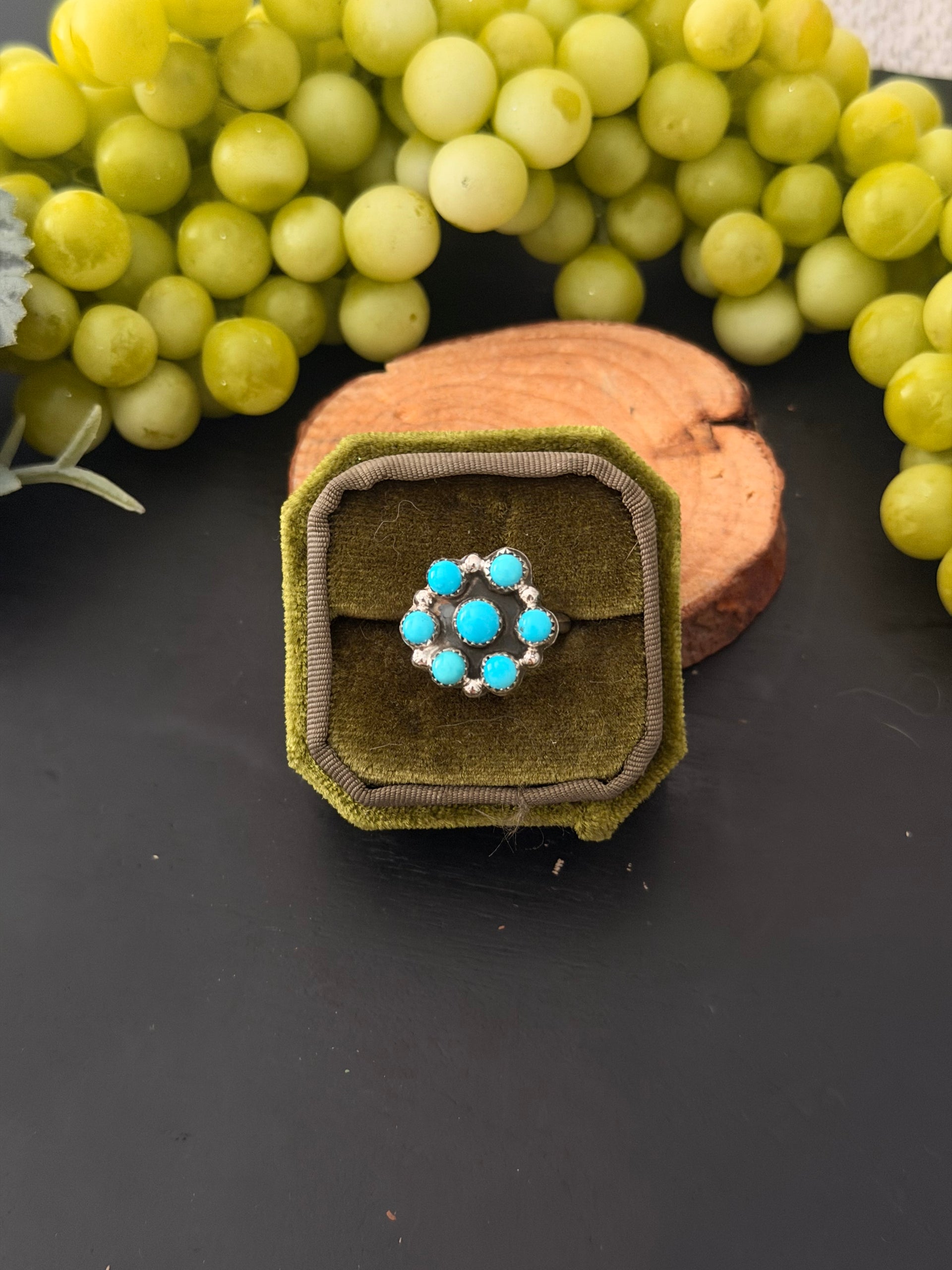 Navajo Made Kingman Turquoise & Sterling Silver Cluster Ring