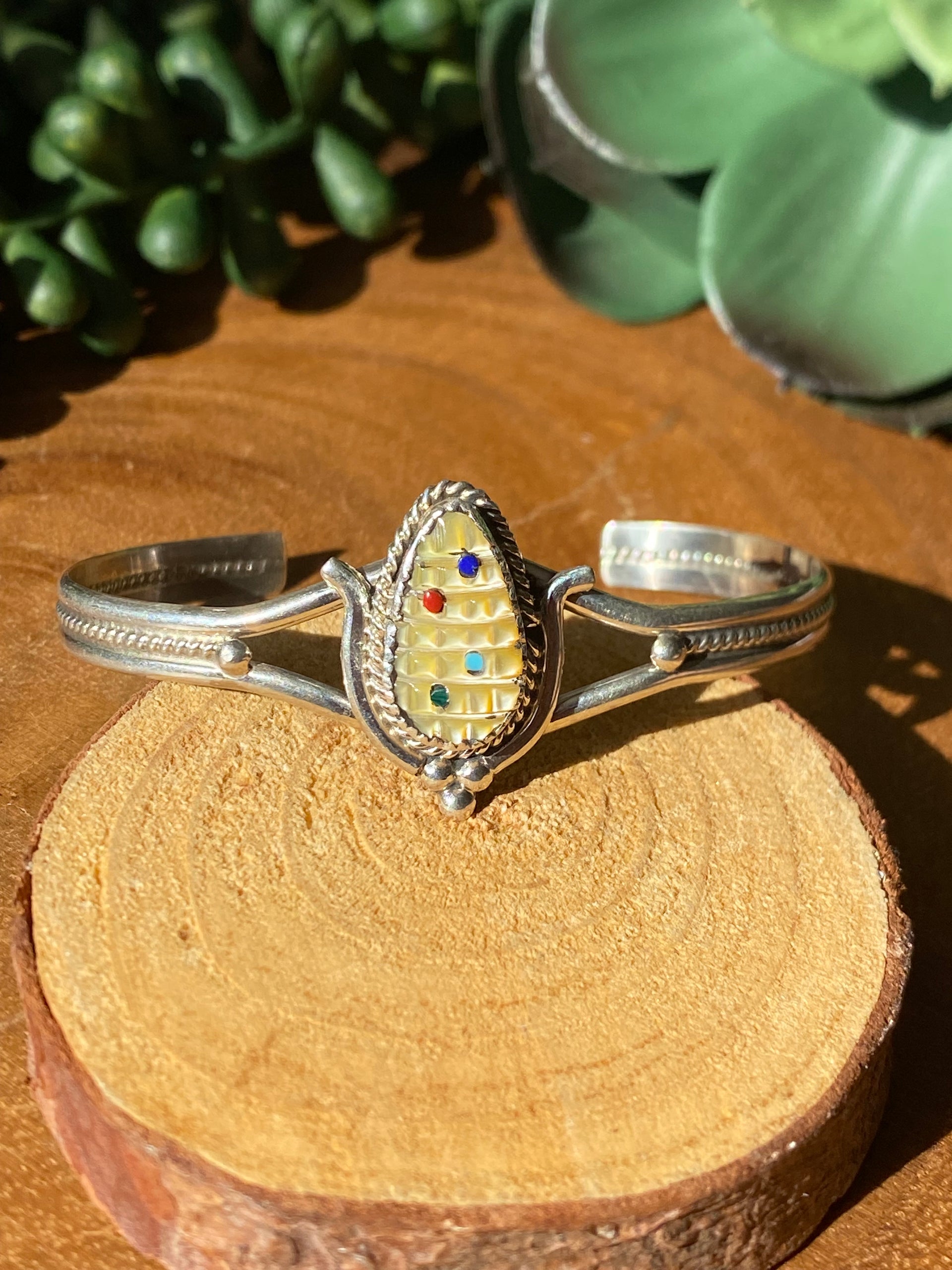 Zuni Handmade Multi Stone & Sterling Silver Corn Cuff Bracelet