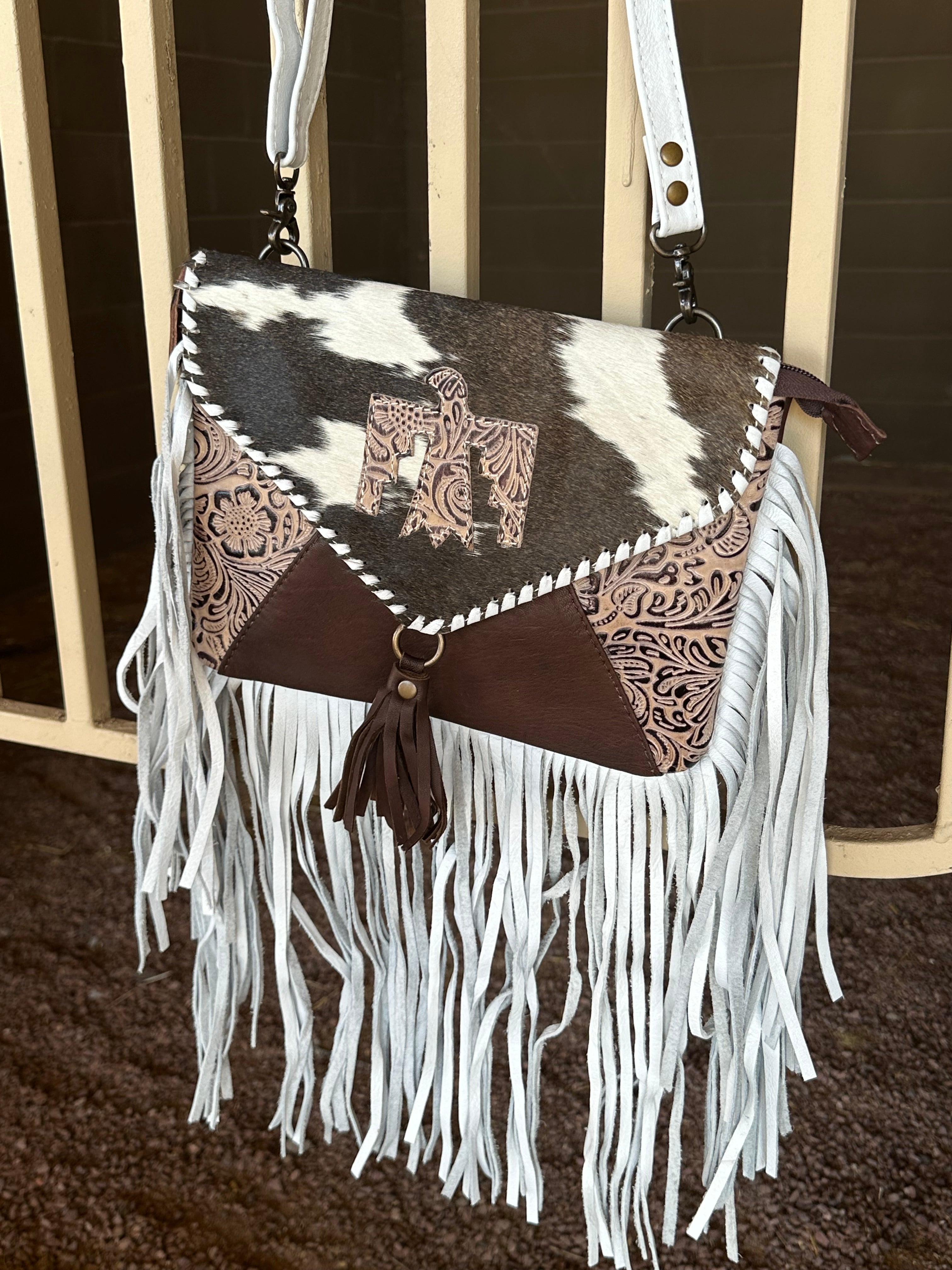 Genuine Tooled Leather & Cowhide Fringe Purse