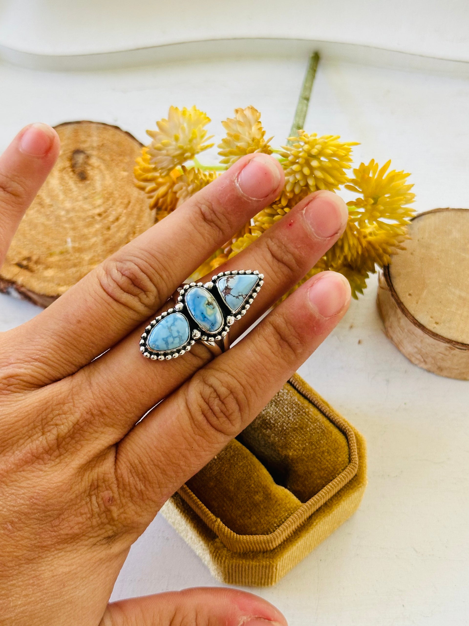 Southwest Handmade Golden Hills Turquoise & Sterling Silver Ring Size 9