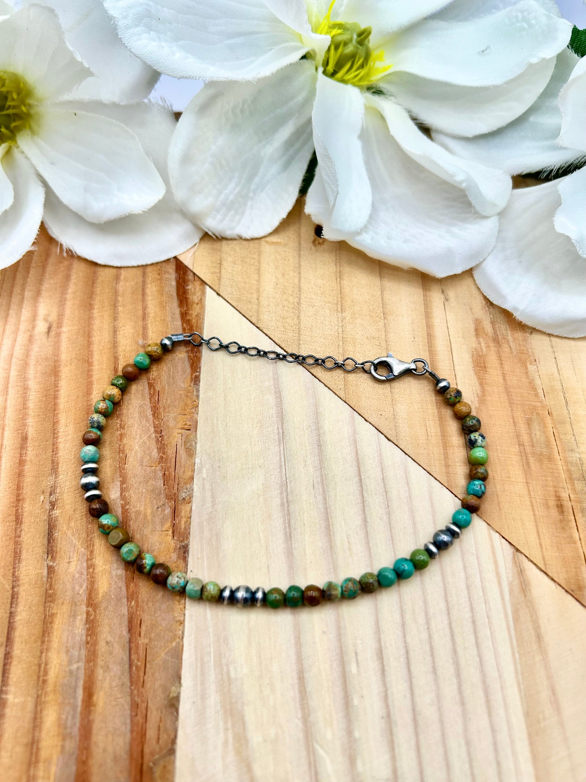 Navajo Made Kingman Turquoise & Sterling Silver Strung Anklet