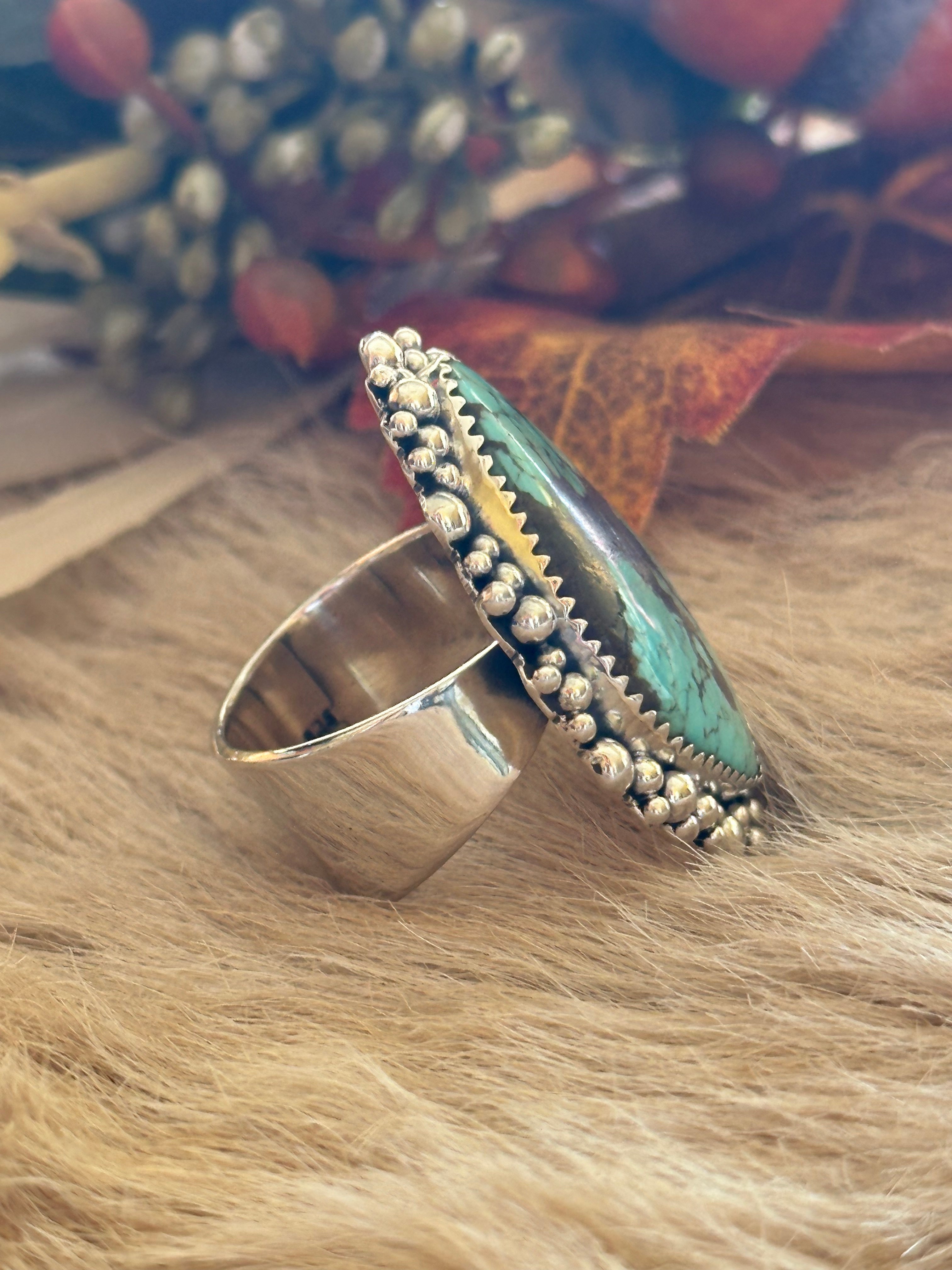 Southwest Handmade #8 Turquoise & Sterling Silver Adjustable Ring