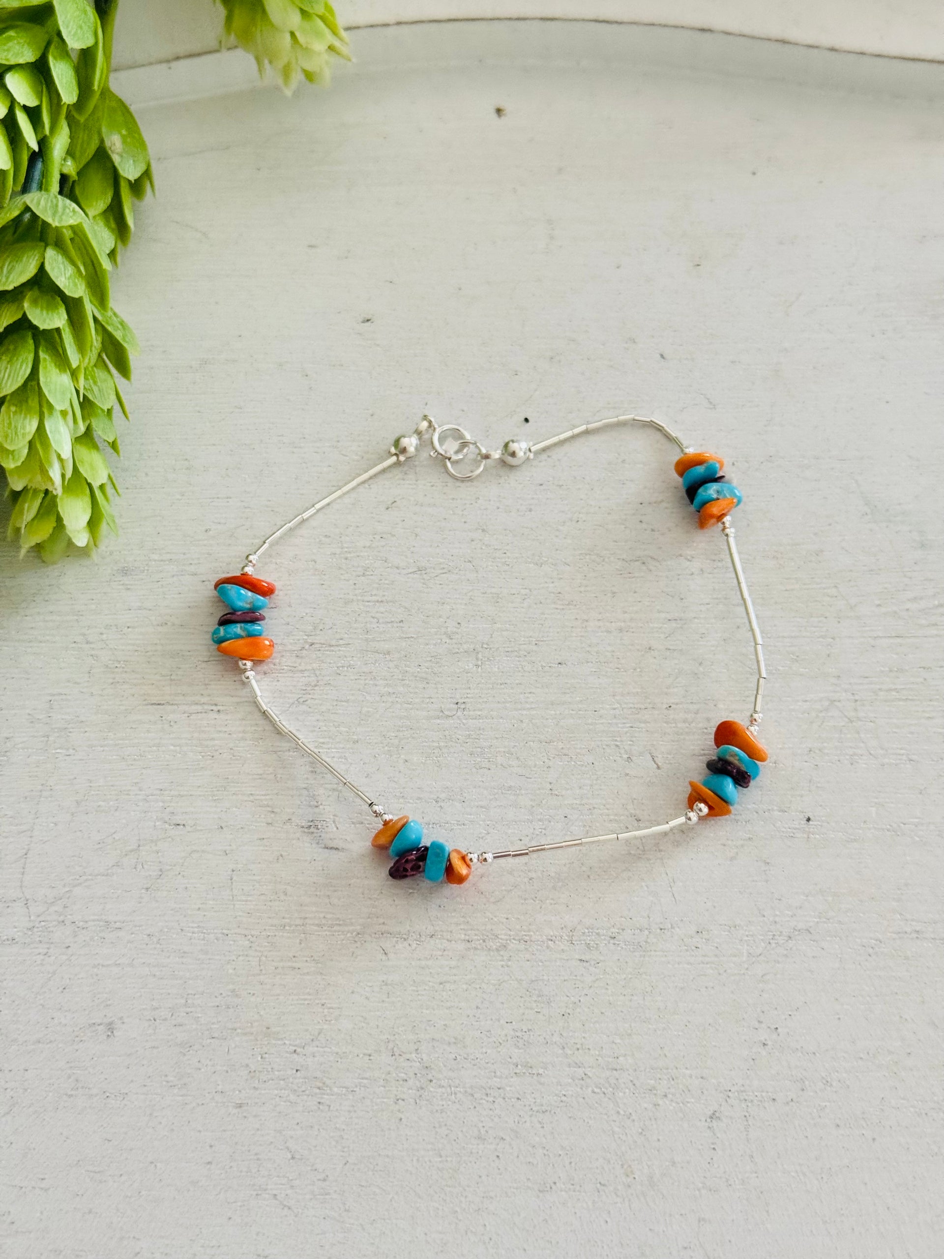 Southwest Strung Multi Stone & Sterling Silver Beaded Anklet