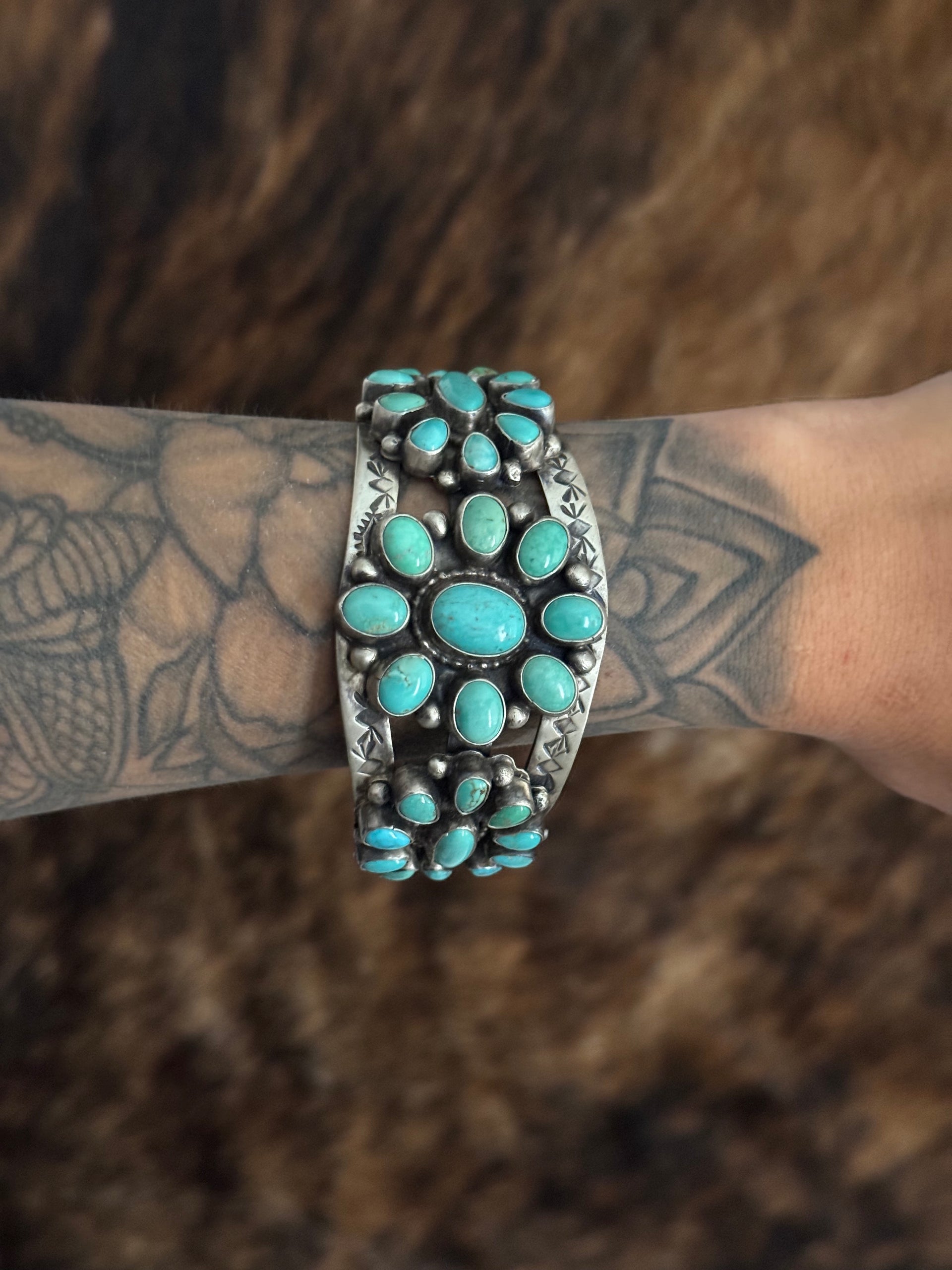 Bobby Johnson Kingman Turquoise & Sterling Silver Cluster Cuff Bracelet