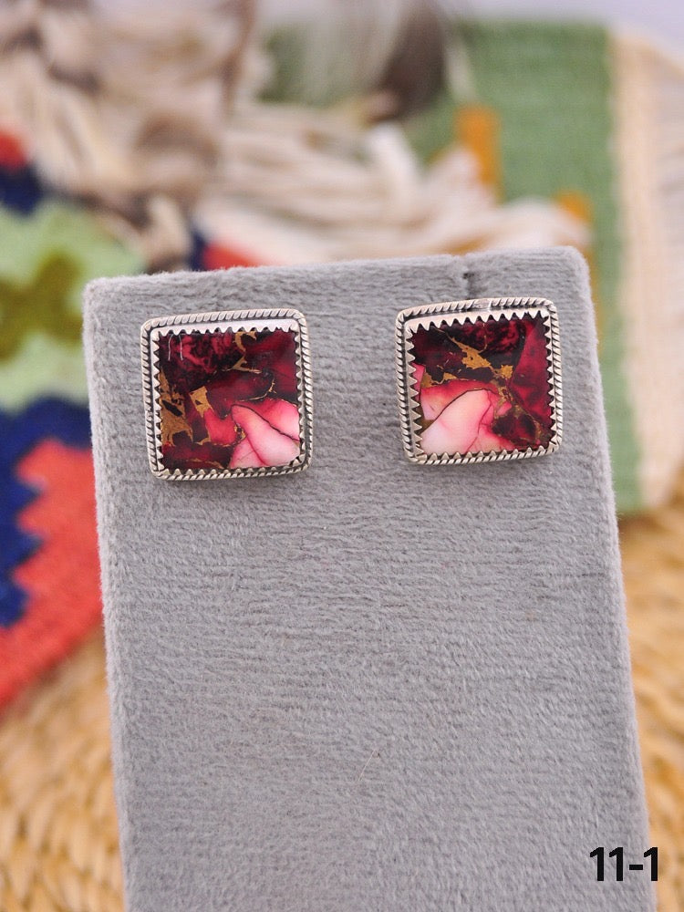 Southwest Made Rose Dahlia & Sterling Silver Post Earrings