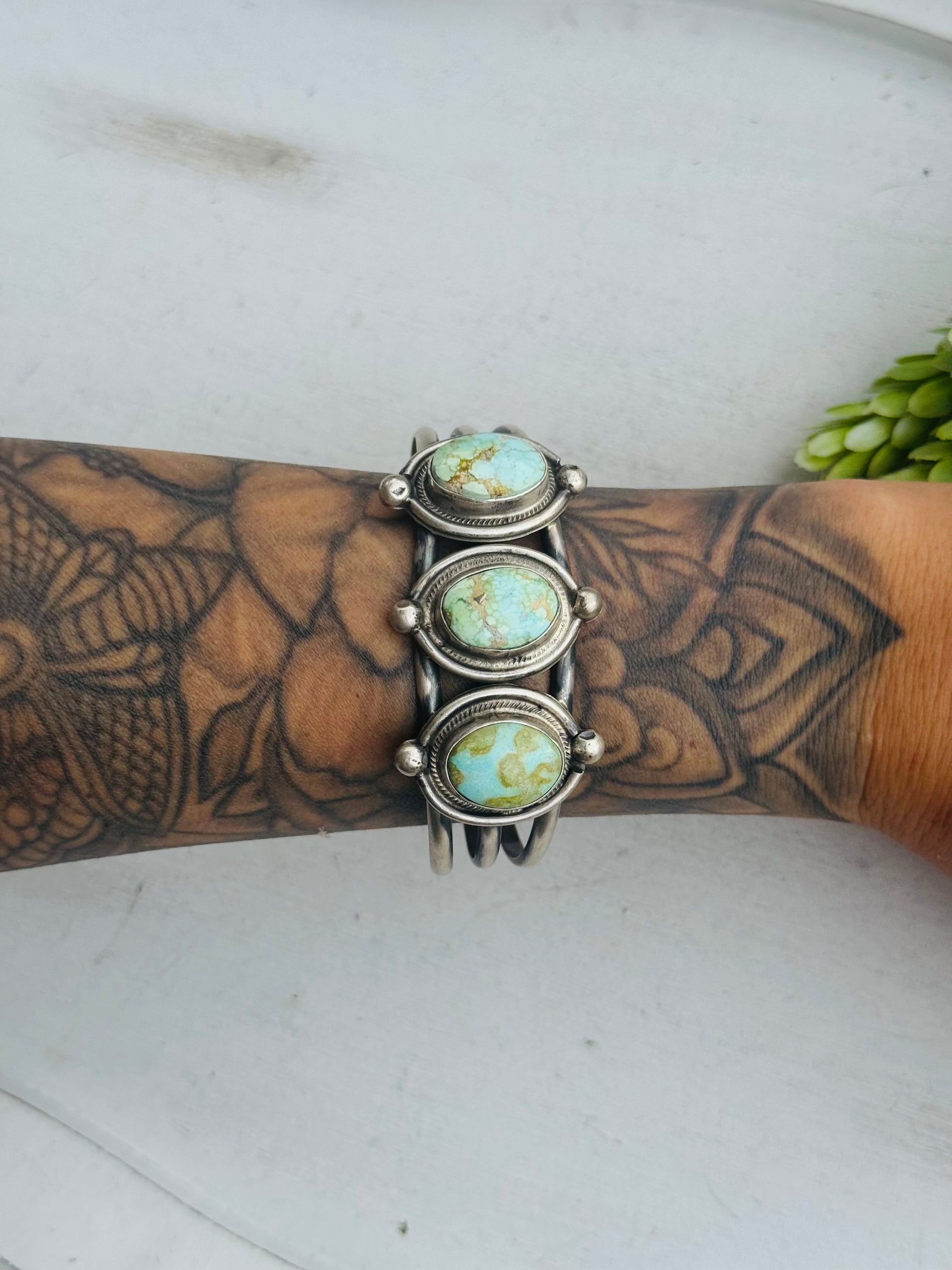 Navajo Made Sonoran Gold Turquoise & Sterling Silver Cuff Bracelet