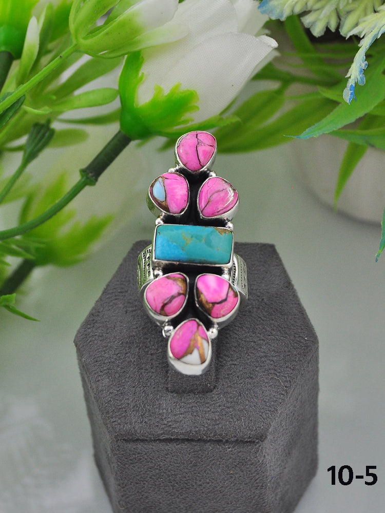 Southwest Made Multi Stone & Sterling Sliver Cluster Adjustable Ring