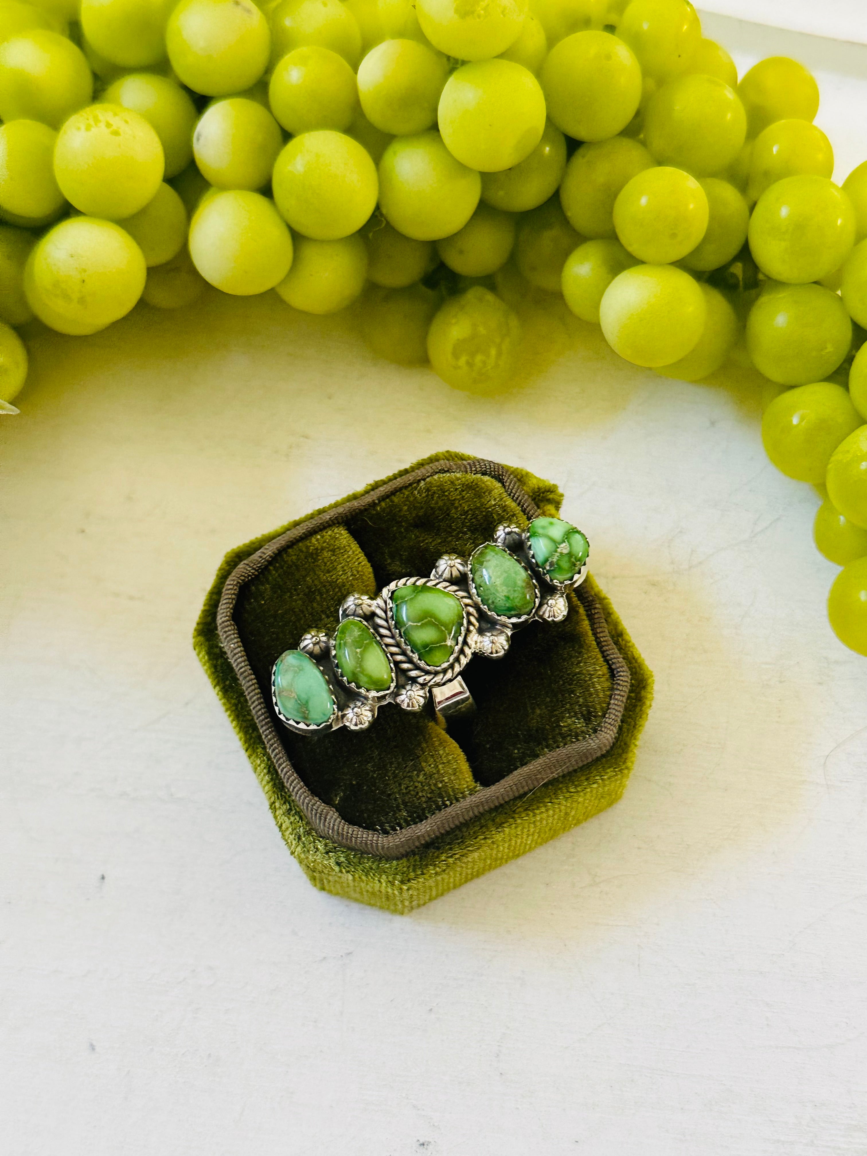 Southwest Handmade Emerald Valley Turquoise & Sterling Silver Adjustable Cluster Ring