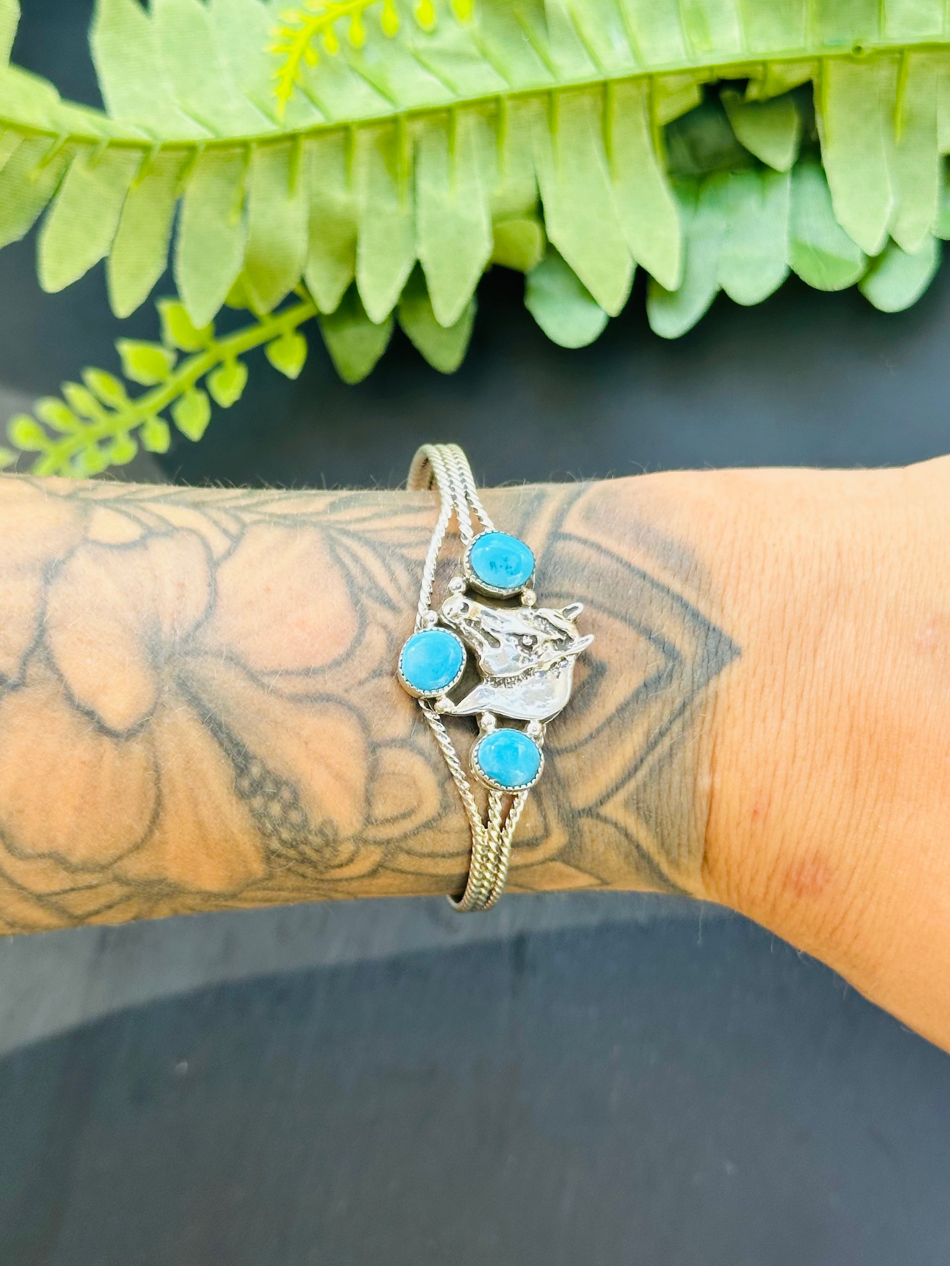 Navajo Made Sleeping Beauty Turquoise and Sterling Silver Horse Cuff Bracelet