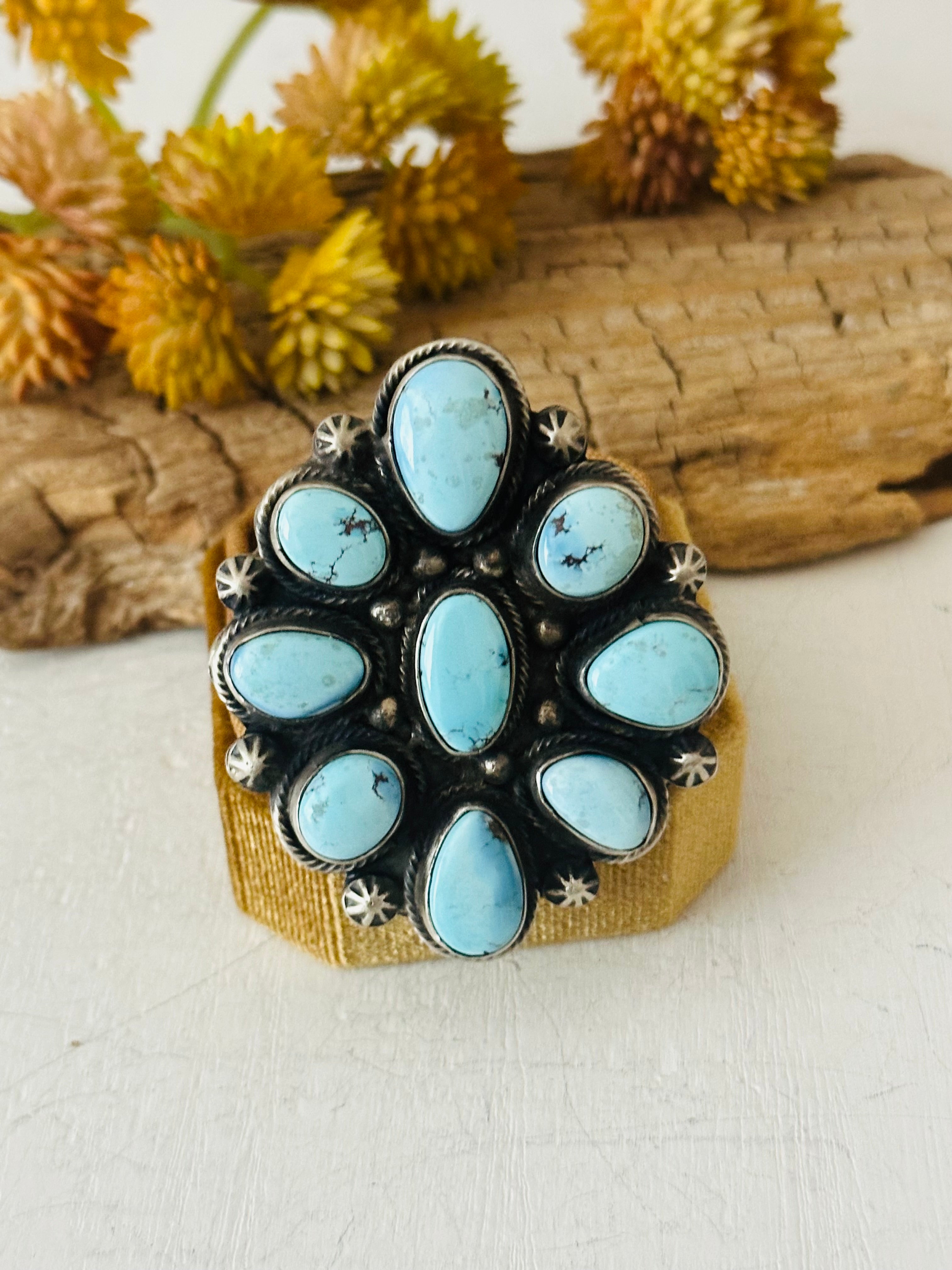 Bobby Johnson Golden Hills Turquoise & Sterling Silver Ring Size 7.5