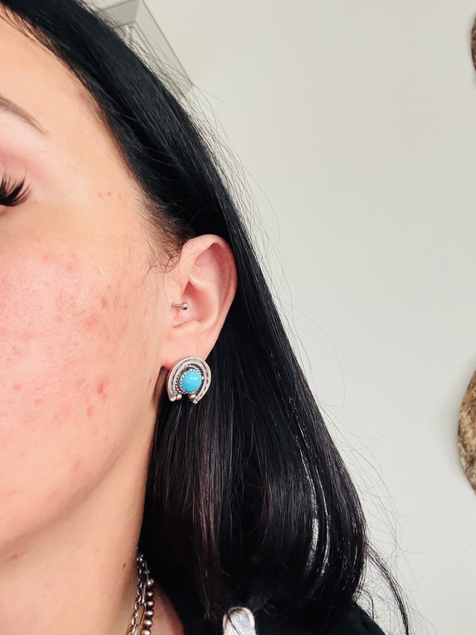 Annette Chiquito Kingman Turquoise & Sterling Silver Horse Shoe Post Earrings