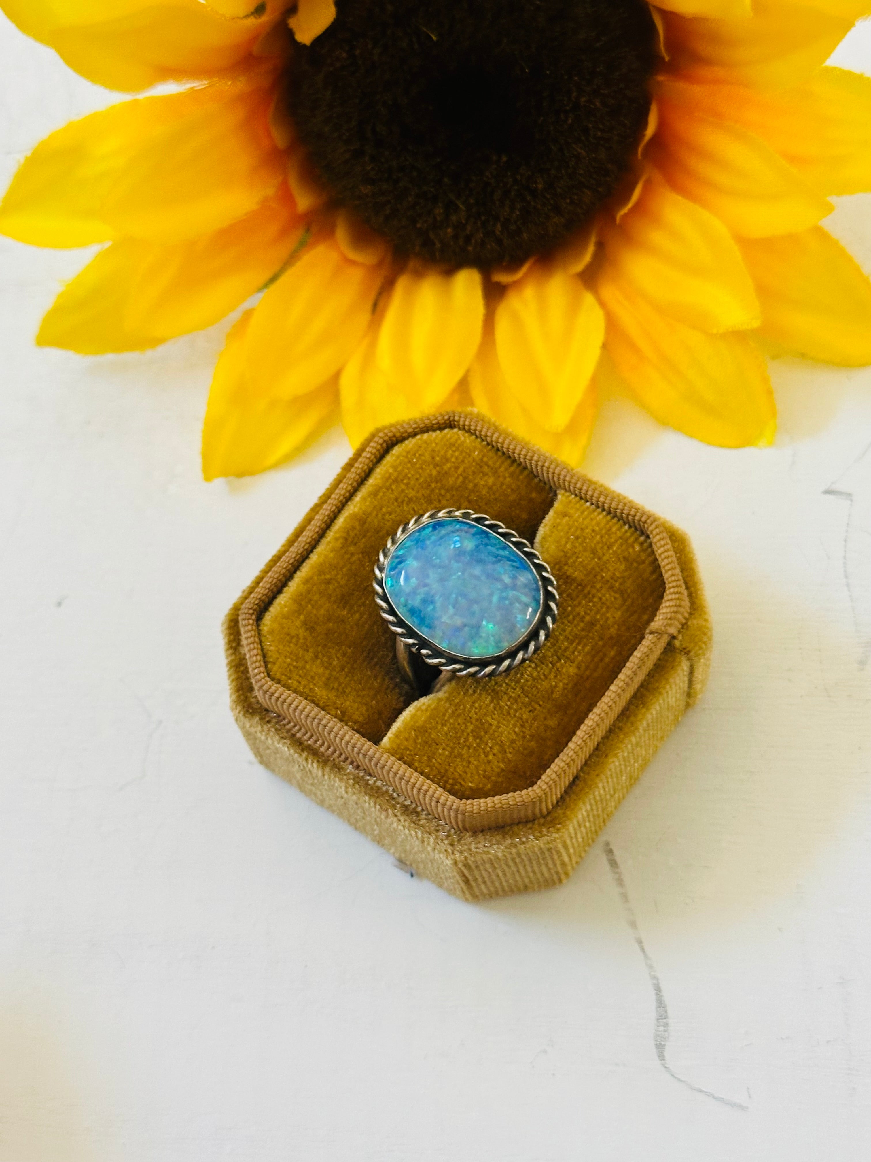 Navajo Made Blue Opal & Sterling Silver Ring Size 8.75