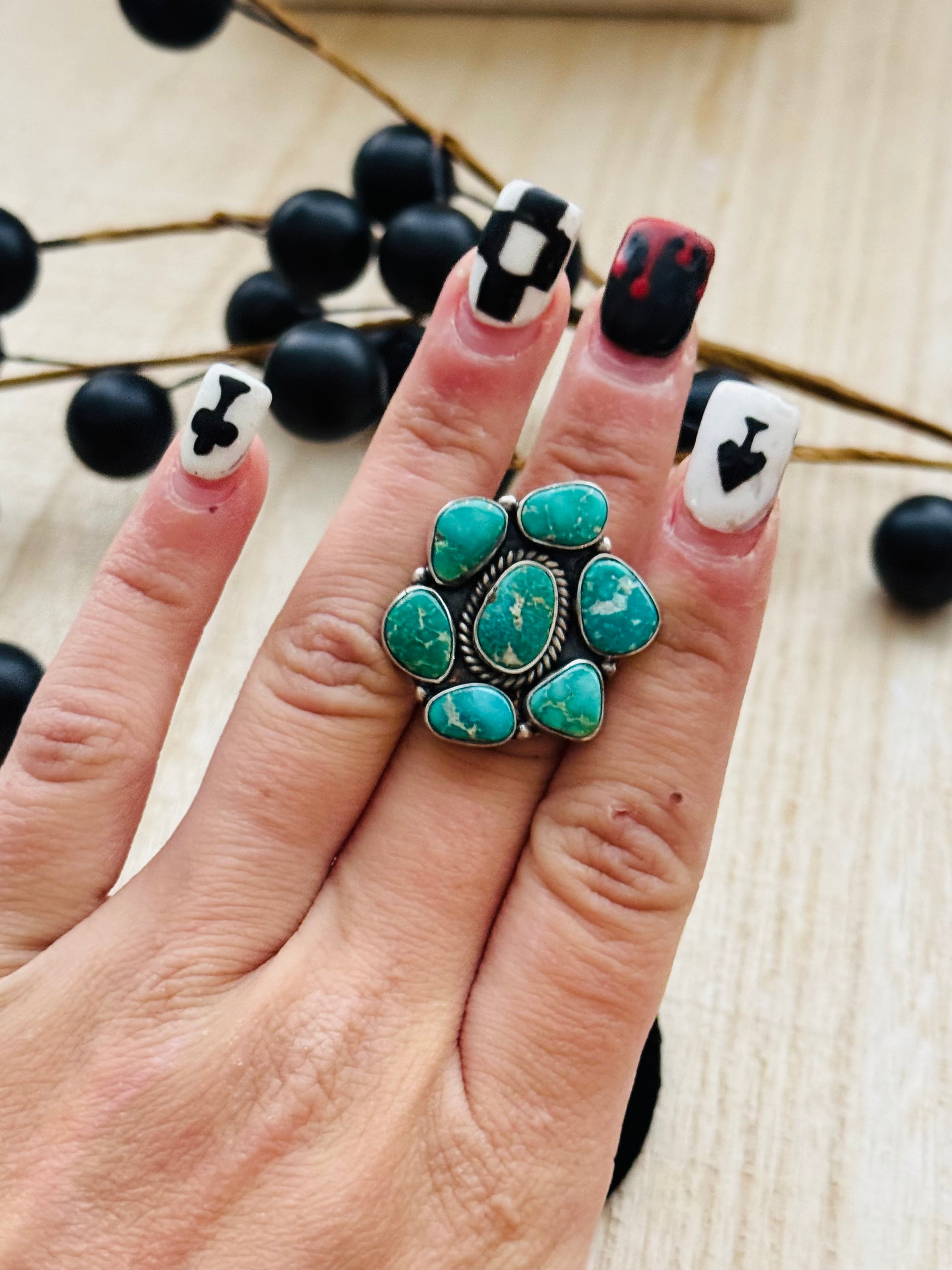 Southwest Handmade Sonoran Mountain Turquoise & Sterling Silver Adjustable Cluster Ring
