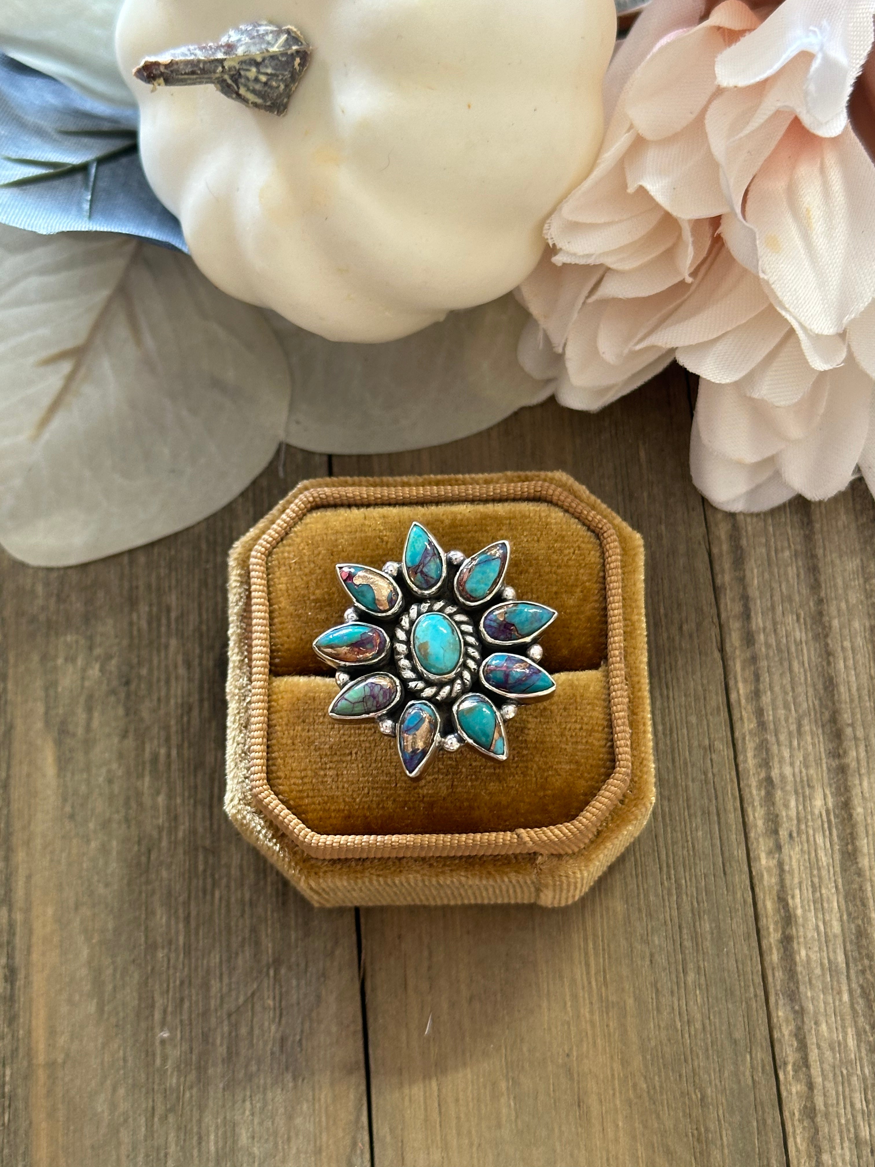 Southwest Handmade Mohave Turquoise & Sterling Silver Adjustable Cluster Ring