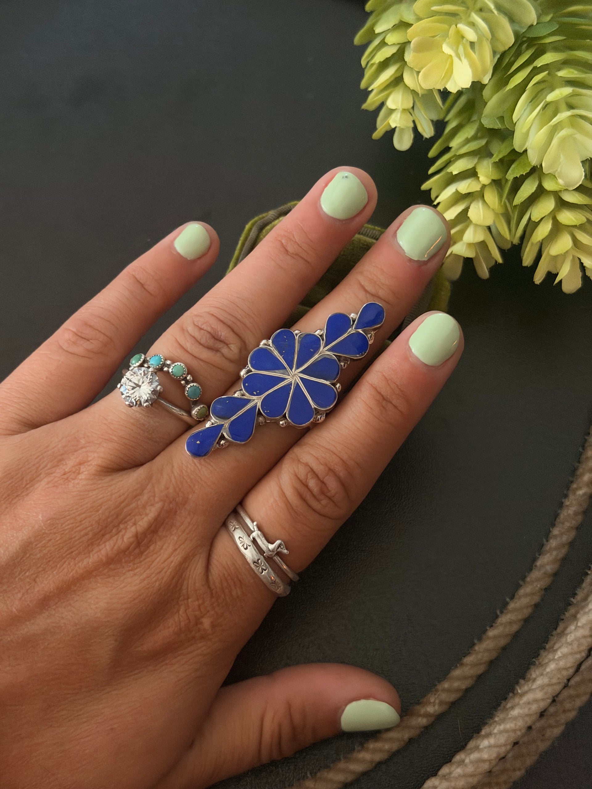 Zuni Made Lapis & Sterling Silver Inlay Ring Size 9.5