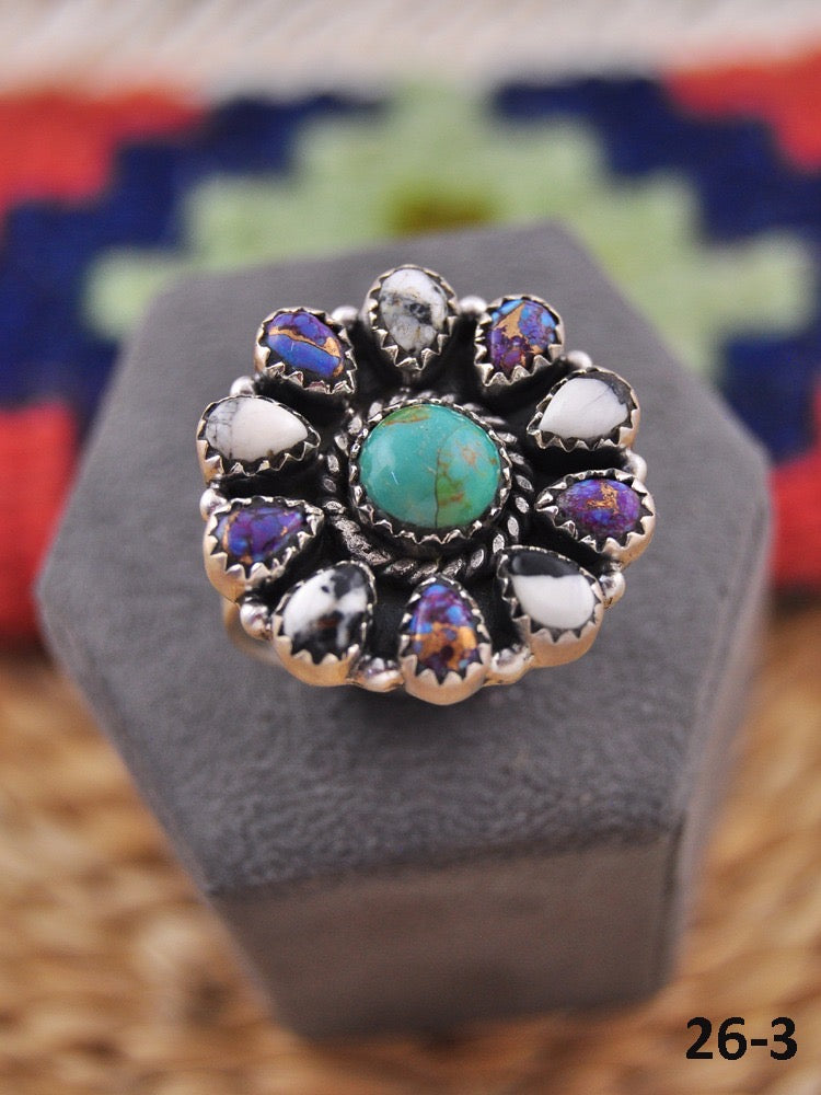 Southwest Made Multi Stone & Sterling Sliver Cluster Adjustable Ring