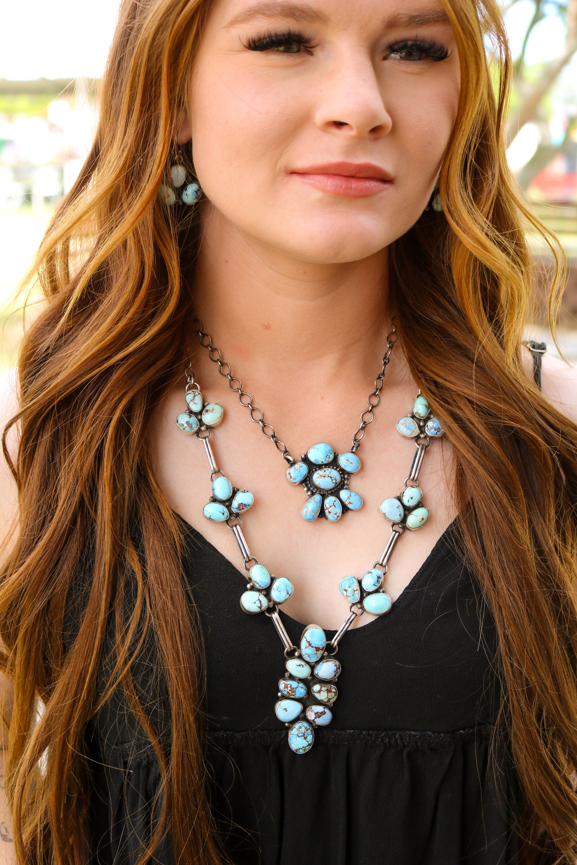 Navajo Made Golden Hills Turquoise & Sterling Silver Cluster Necklace