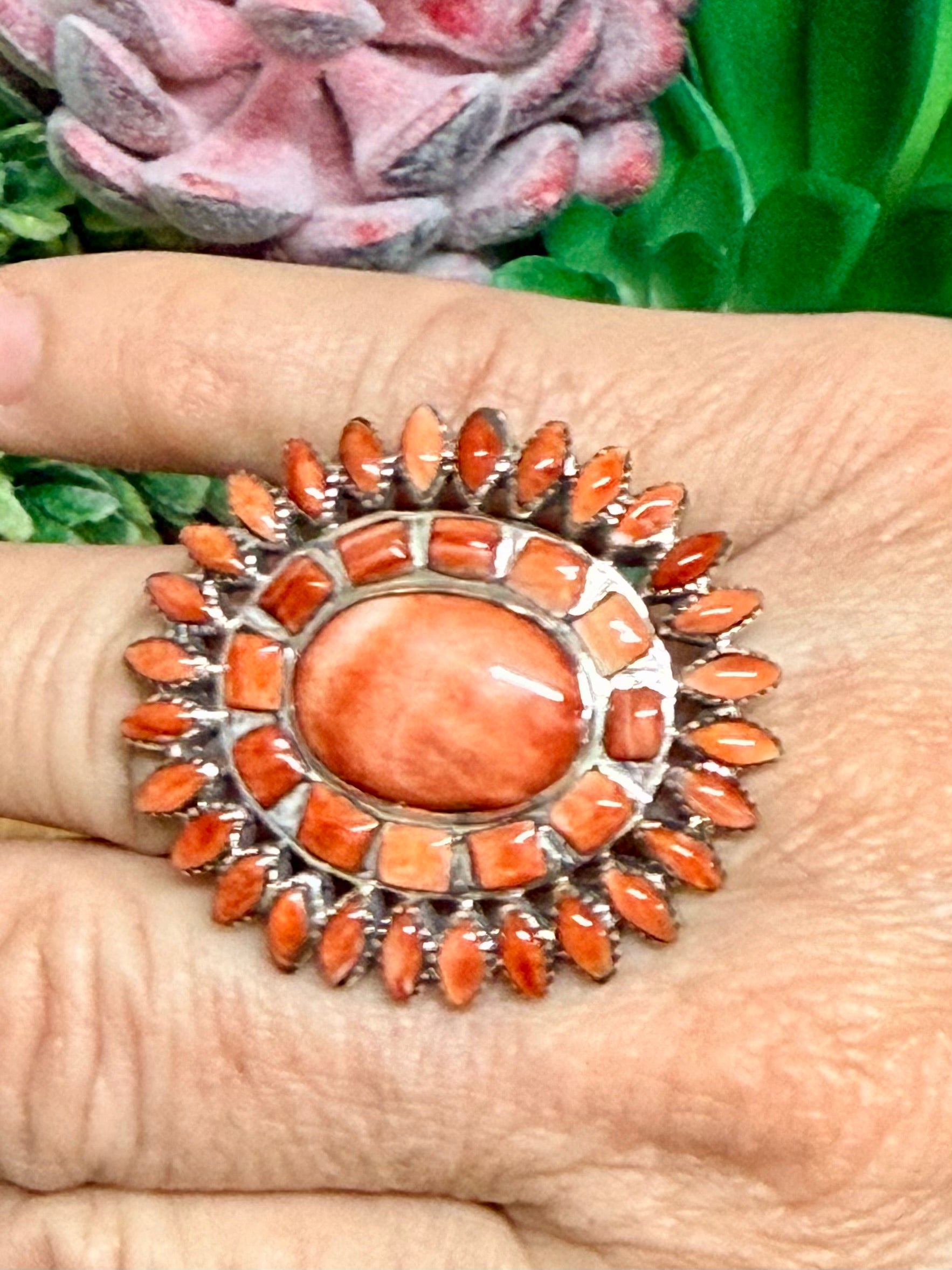 Southwest Red Spiny Oyster & Sterling Silver Adjustable Ring