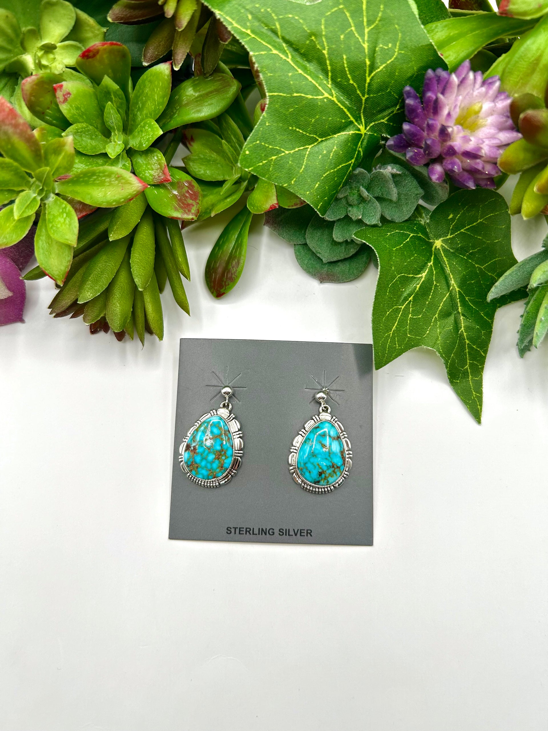 Navajo Made Highgrade Kingman Turquoise & Sterling Silver Post  Dangle Earrings
