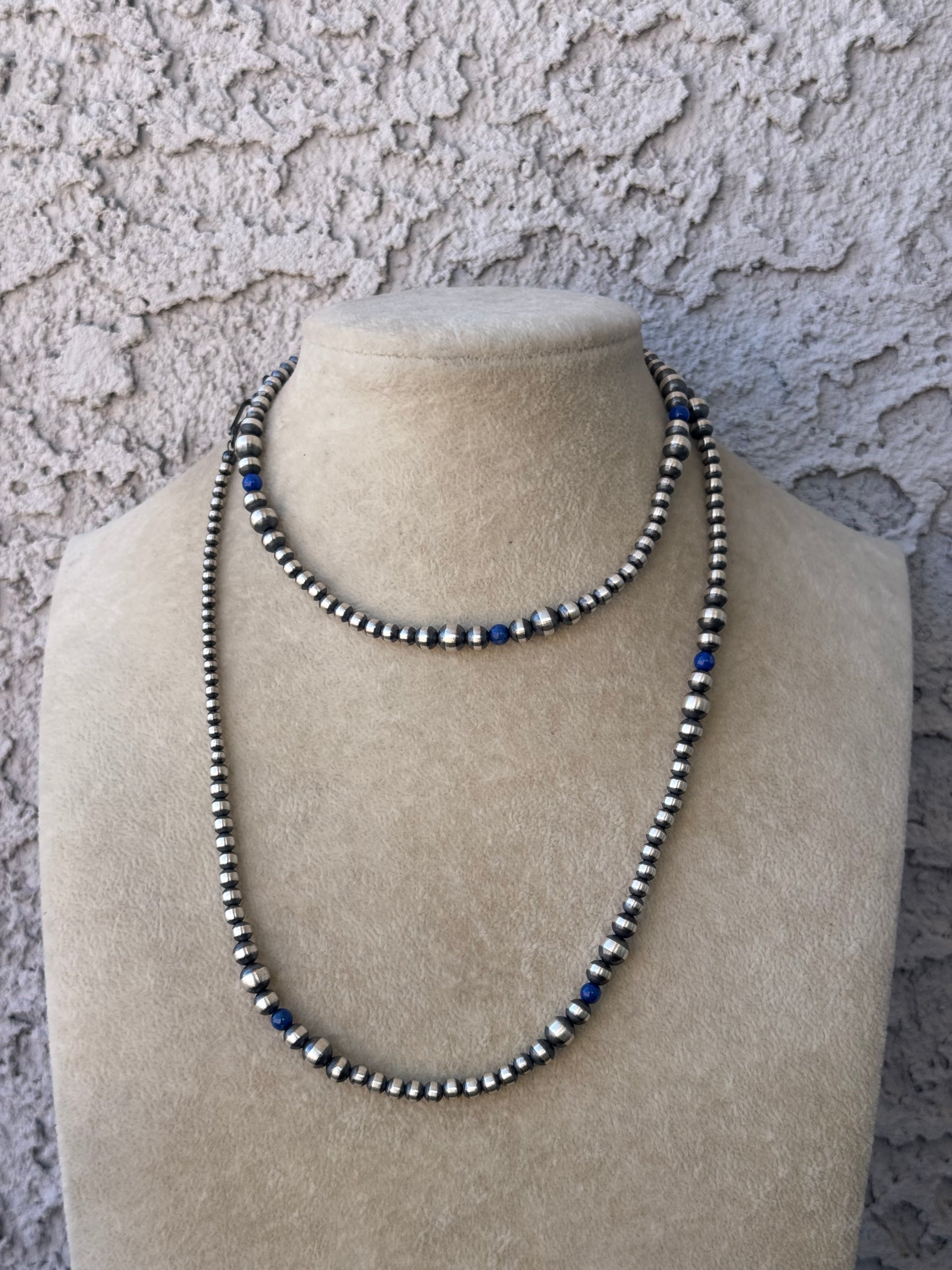 Navajo Strung Lapis & Sterling Silver Graduated Pearl Necklace