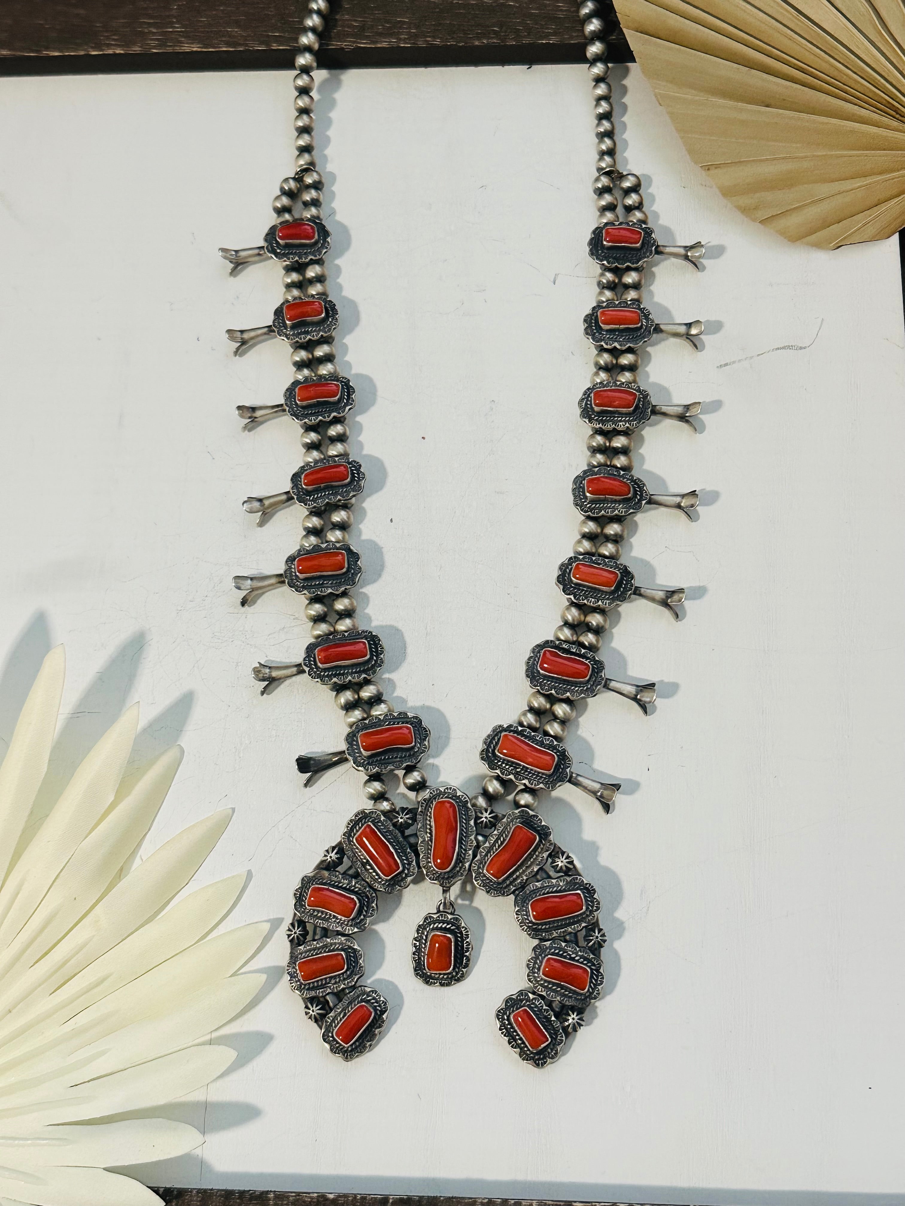 Thomas Francisco Coral & Sterling Silver Squash Blossom Necklace