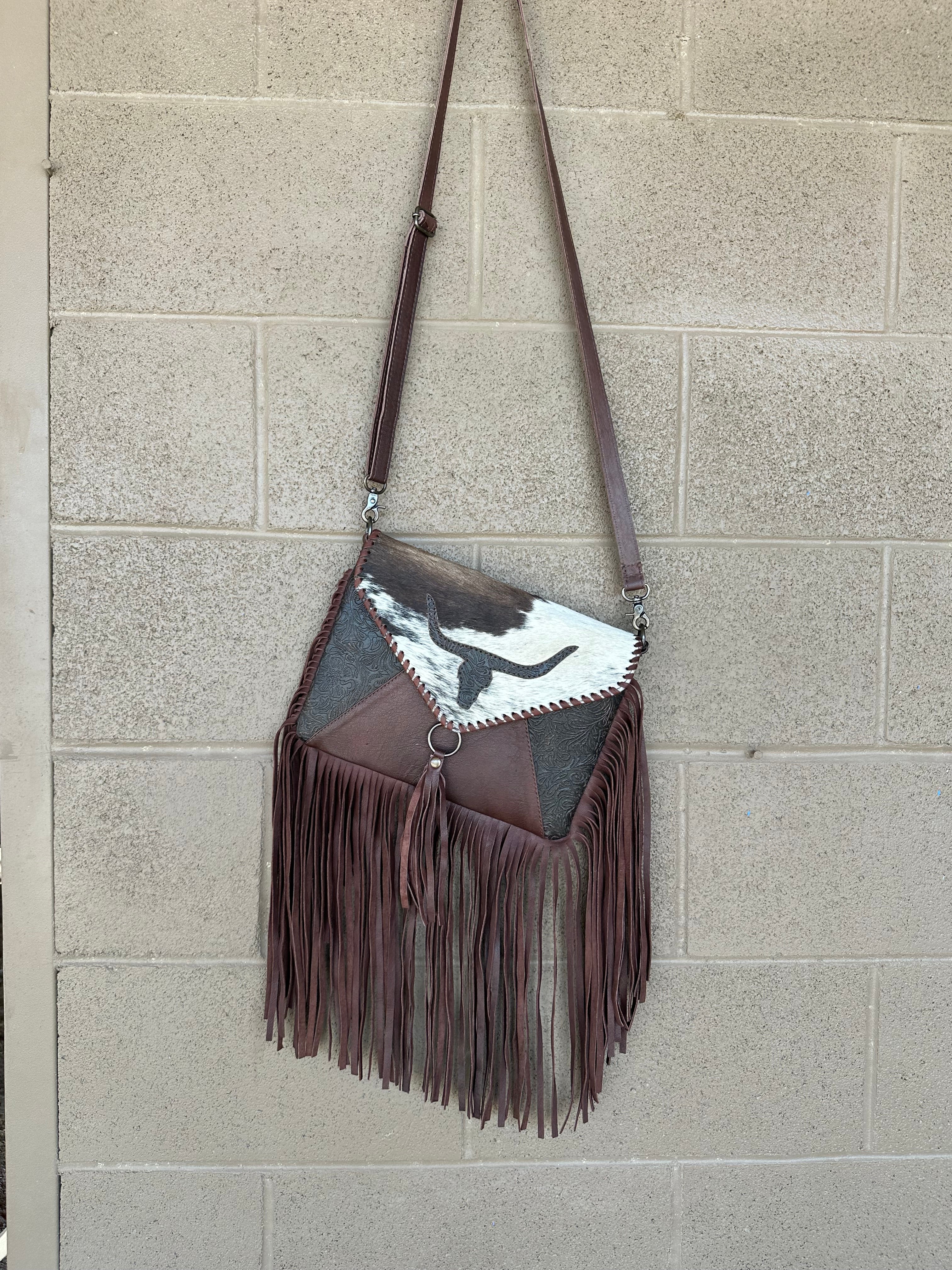 Genuine Tooled Leather & Cowhide Fringe Purse