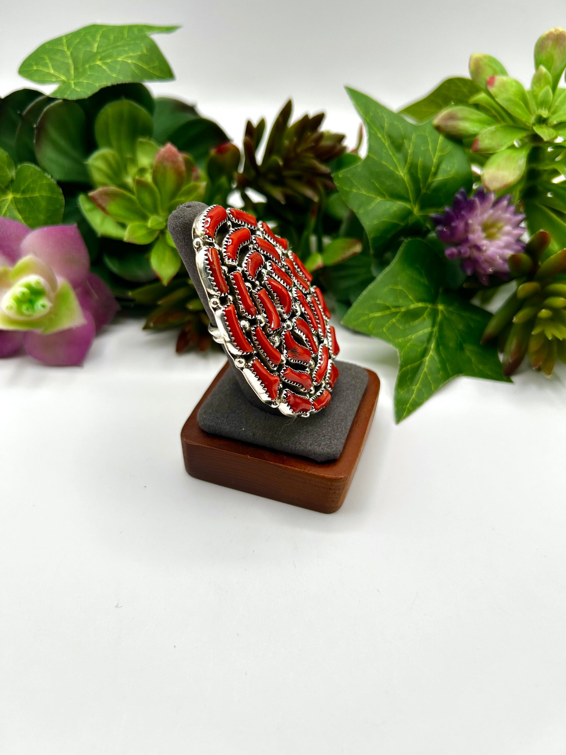 Navajo Made Mediterranean Coral & Sterling Silver Adjustable Ring