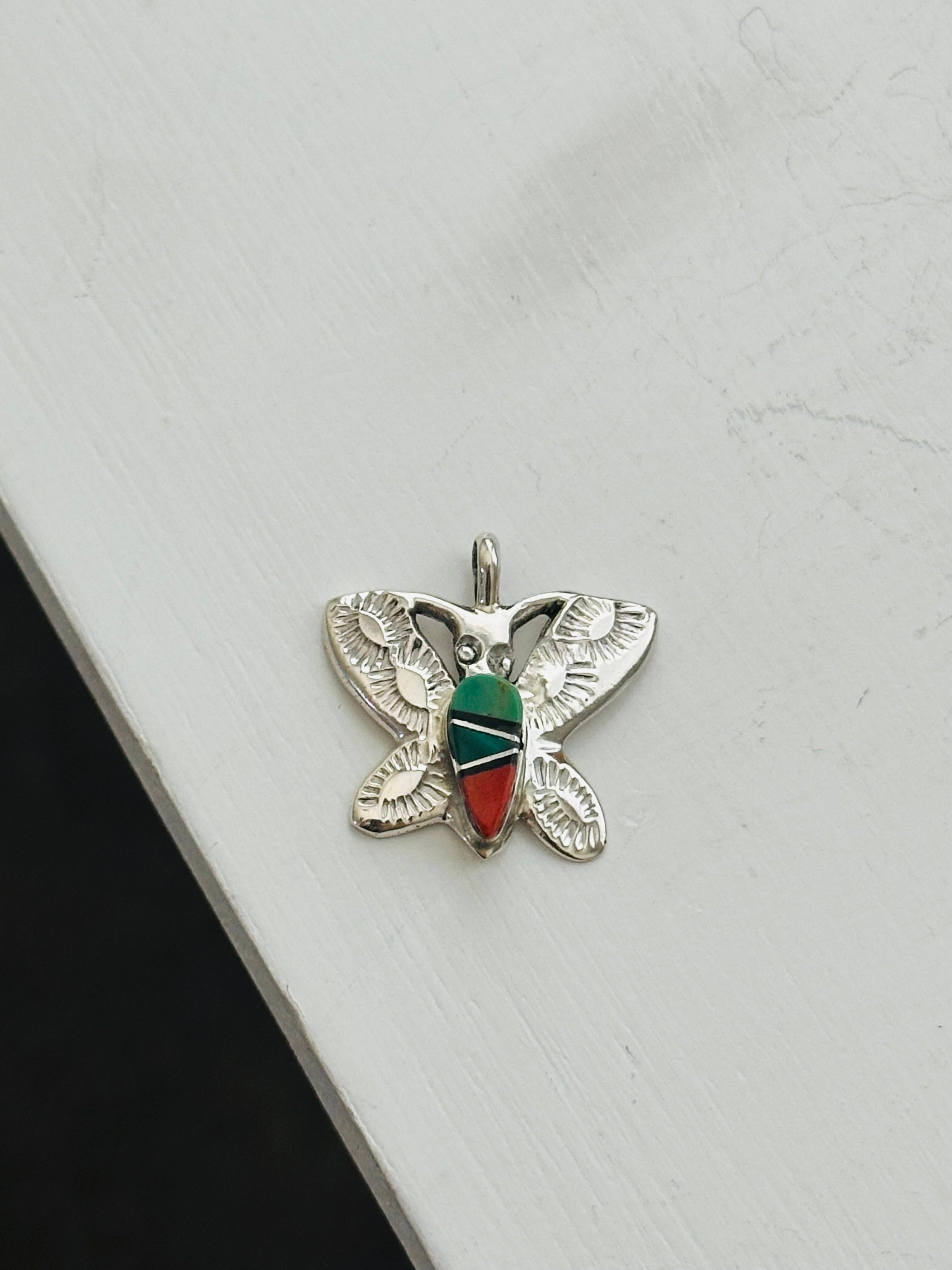 Joseph Martinez Multi Stone & Sterling Silver Inlay Dragonfly Pendant