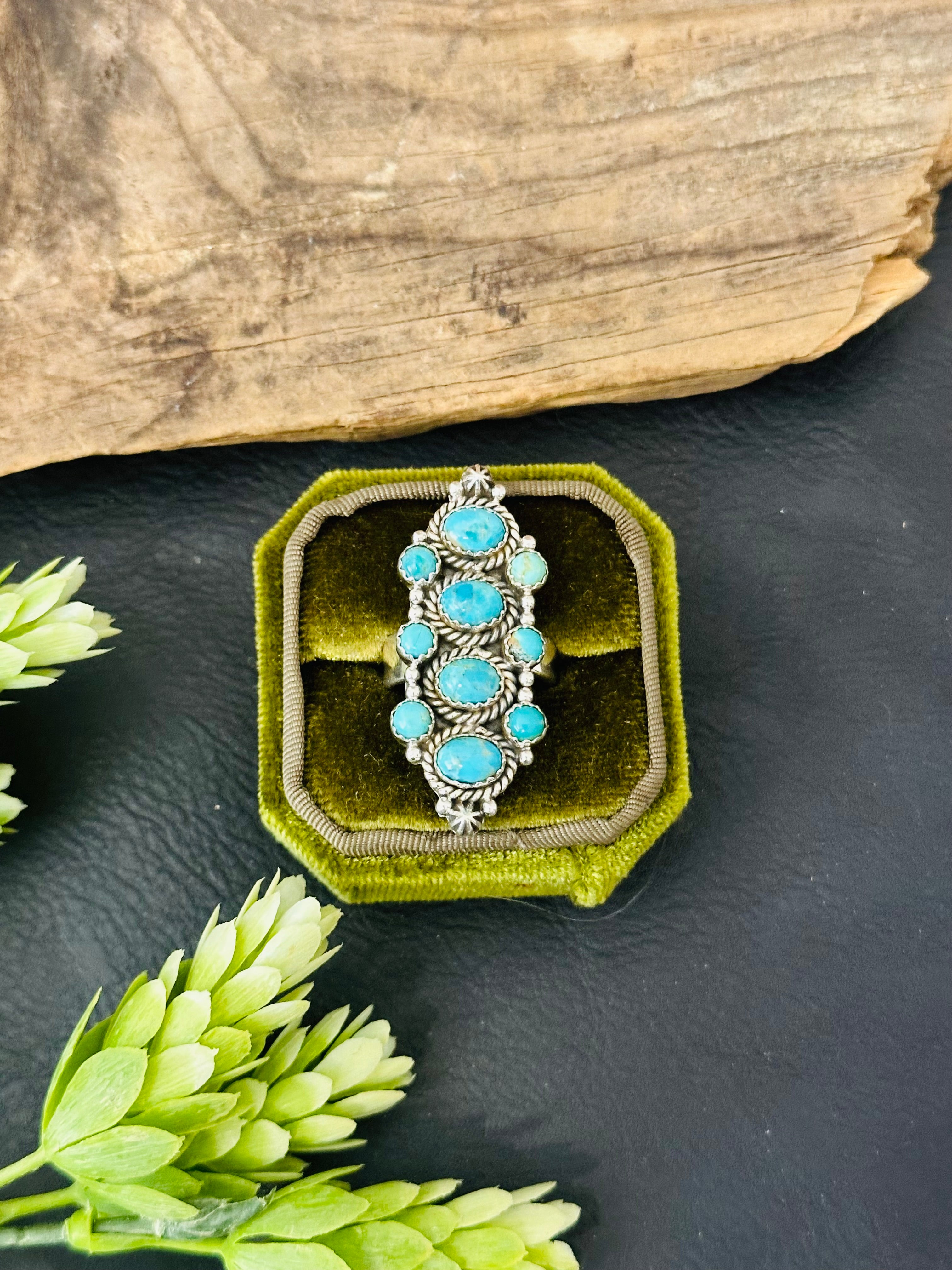 Southwest Handmade Kingman Turquoise & Sterling Silver Adjustable Cluster Ring