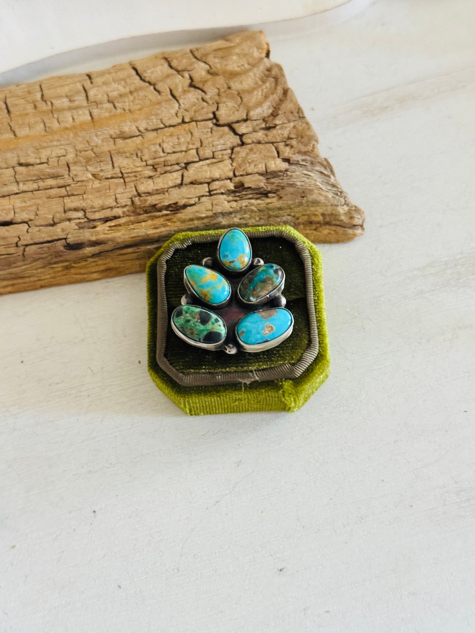 Navajo Made Multi Turquoise & Sterling Silver Adjustable Cluster Ring