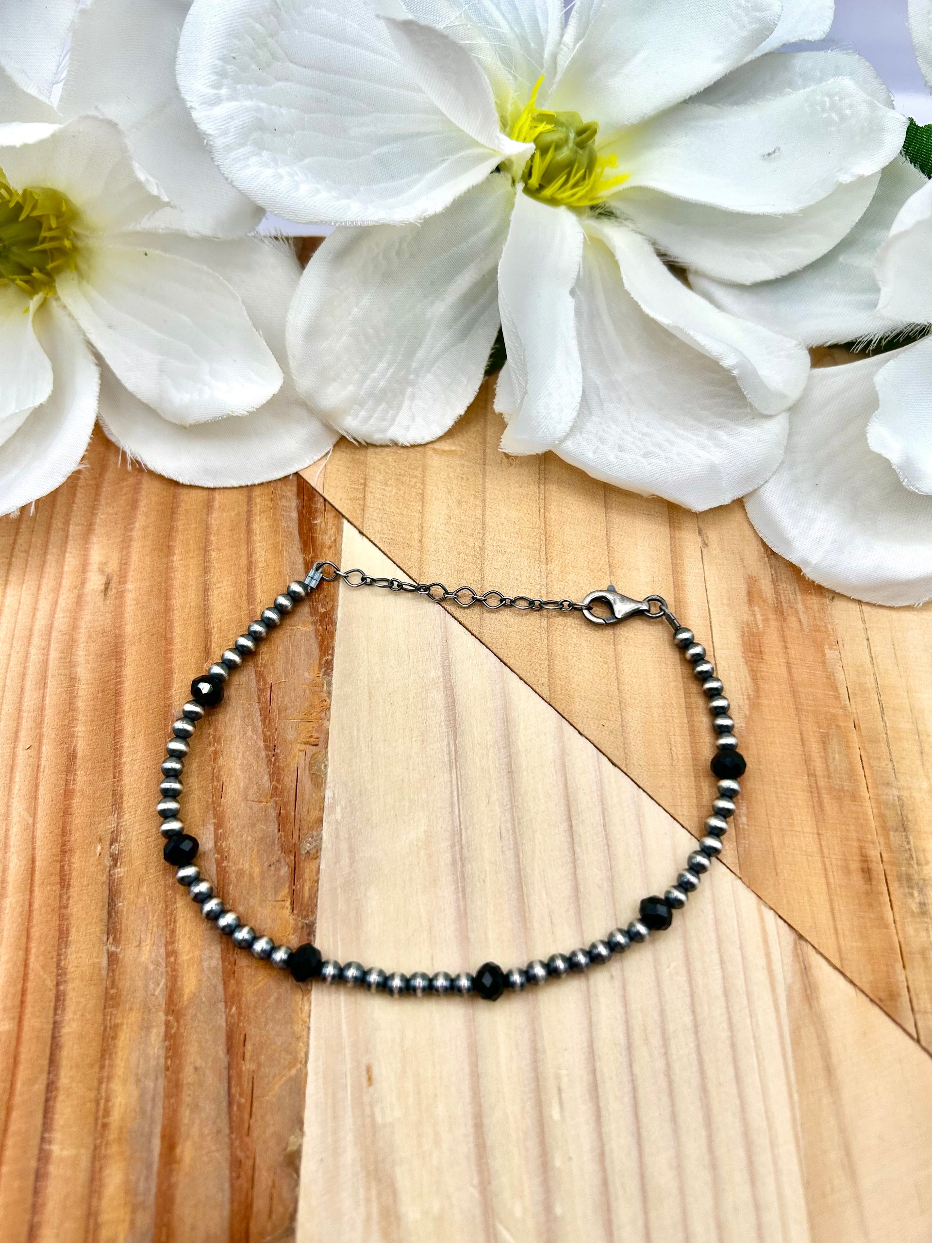 Navajo Made Onyx & Sterling Silver Strung Anklet