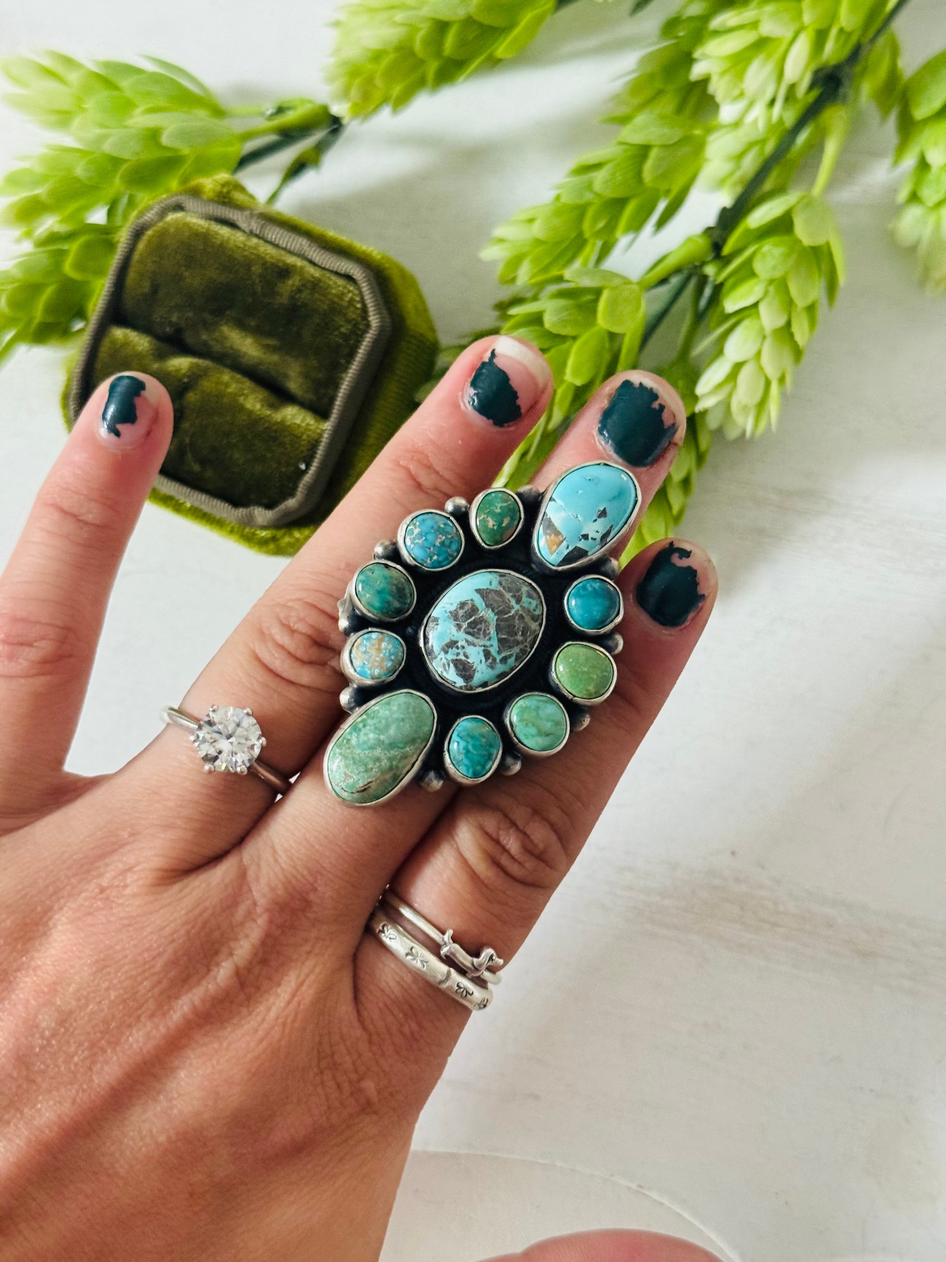 Darrin Livingston Mixed Turquoise & Sterling Silver Cluster Ring Size 8.5