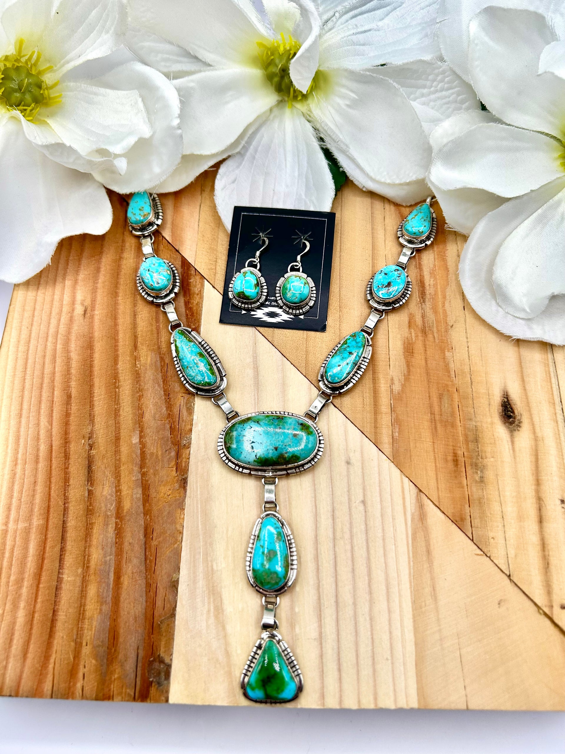 Navajo Made Sonoran Mountain Turquoise & Sterling Silver Necklace Set