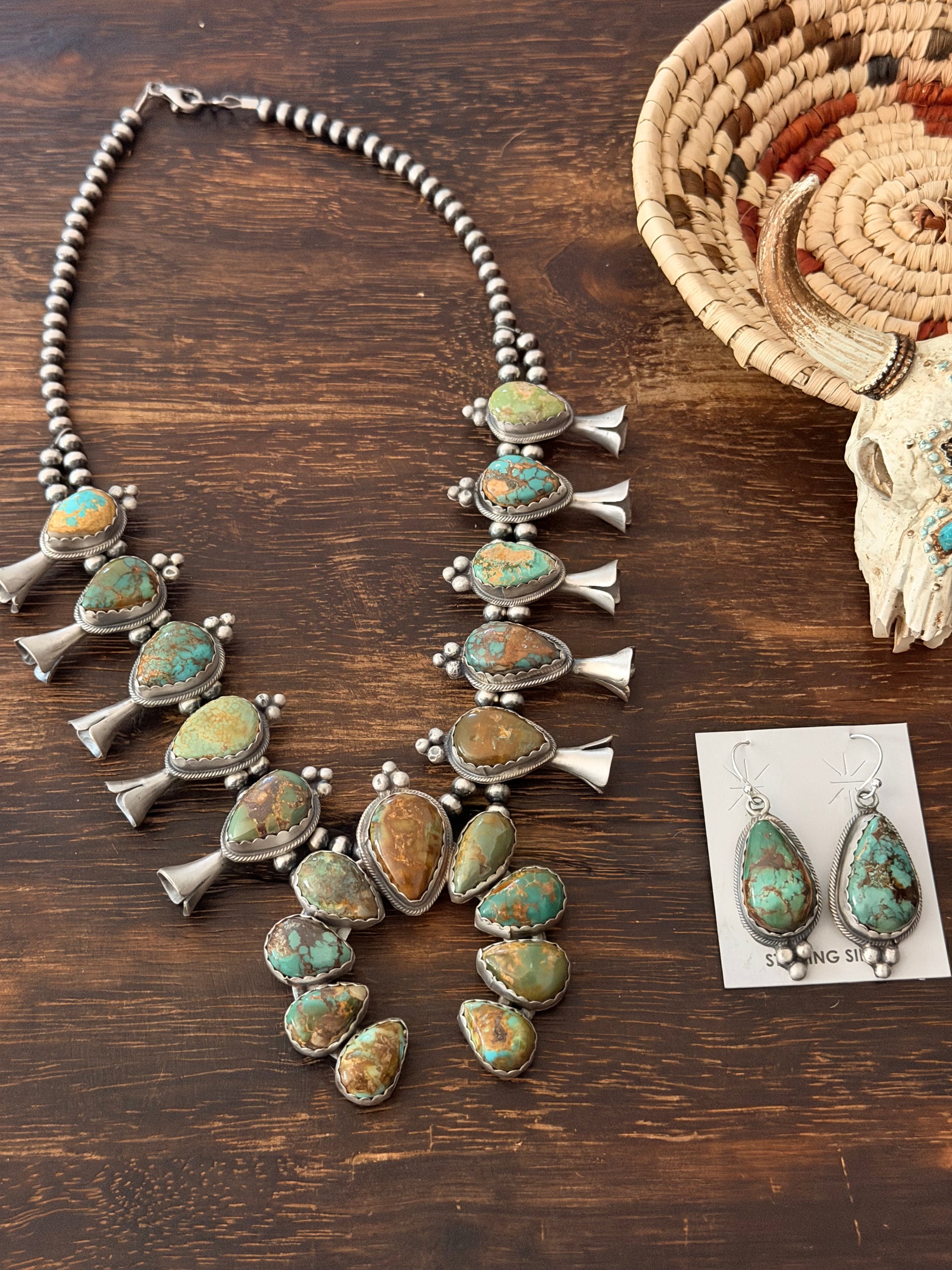Lydia Begay Royston Turquoise & Sterling Silver Squash Blossom Necklace Set