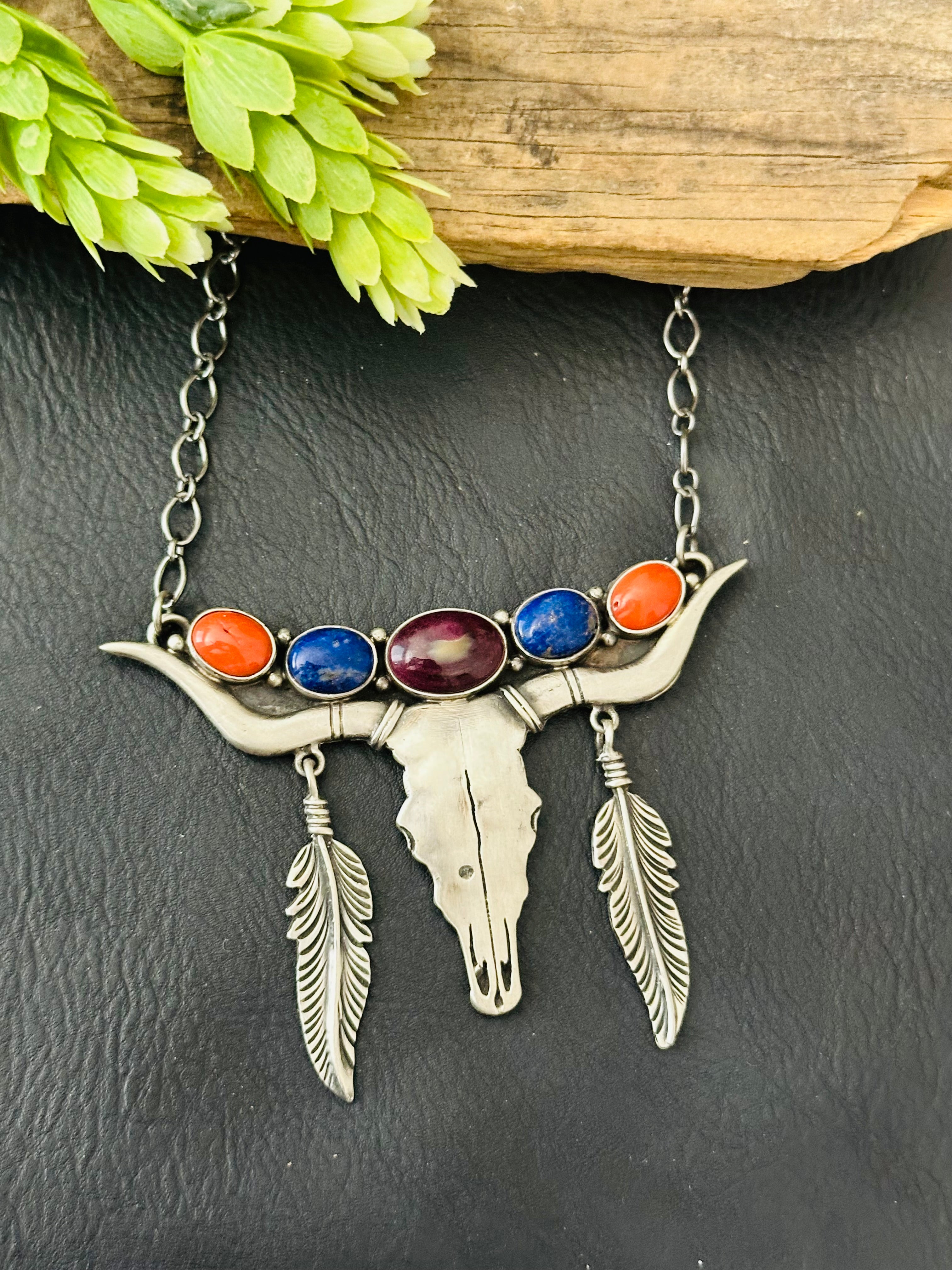 Mark Yazzie Multi Stone & Sterling Silver Bull Skull Necklace